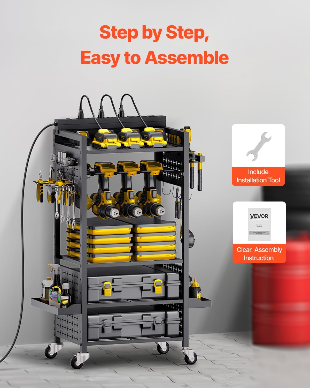 VEVOR 5-Tier Tool Organizer Cart with Charging Station, 8 AC Outlet, Floor Stand Rolling Drill Holder and Tool Battery Storage Rack on Wheels, Garage Floor Rolling Storage Cart for Workshop, Garage