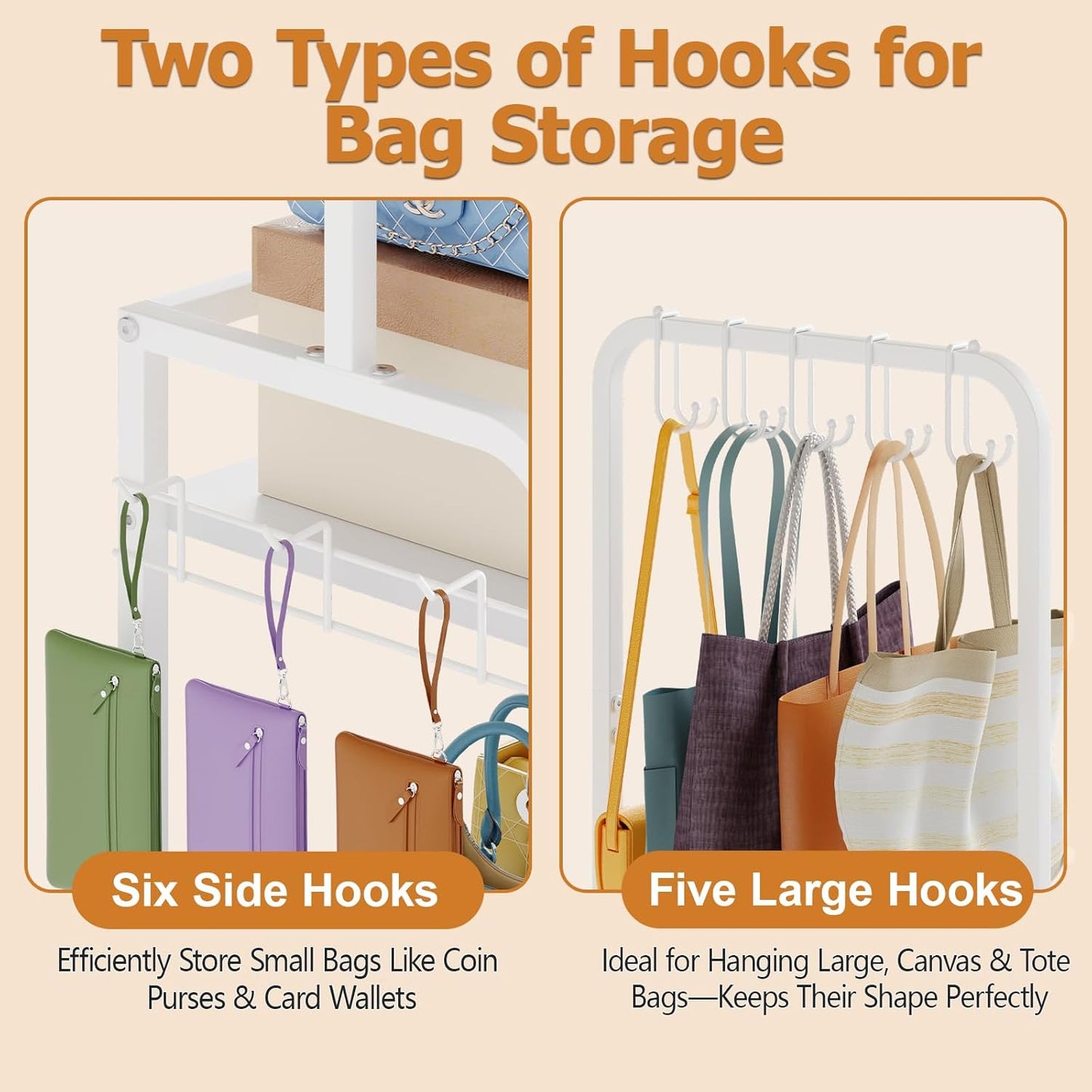 Tall Purse Organizer for Closet with 5 Purse Hanger & 6 Side Hooks, 4 Tier Floor-Standing Purse Rack Stand for Purse Storage, Narrow & High-Capacity Handbag Organizer, Backpack Storage for Small Place