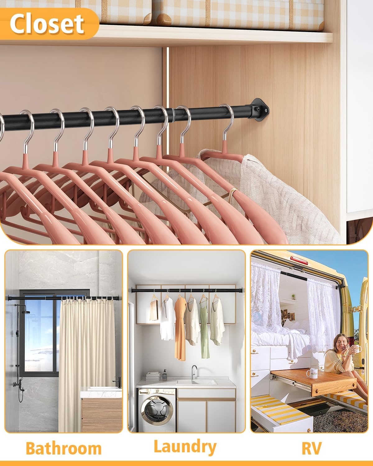 Closet Rod, 17 to 28 Inch Heavy Duty Adjustable Metal Clothing Rack for Hanging Clothes, Closet Poles for Wardrobes, Laundry, Durable Steel, Black
