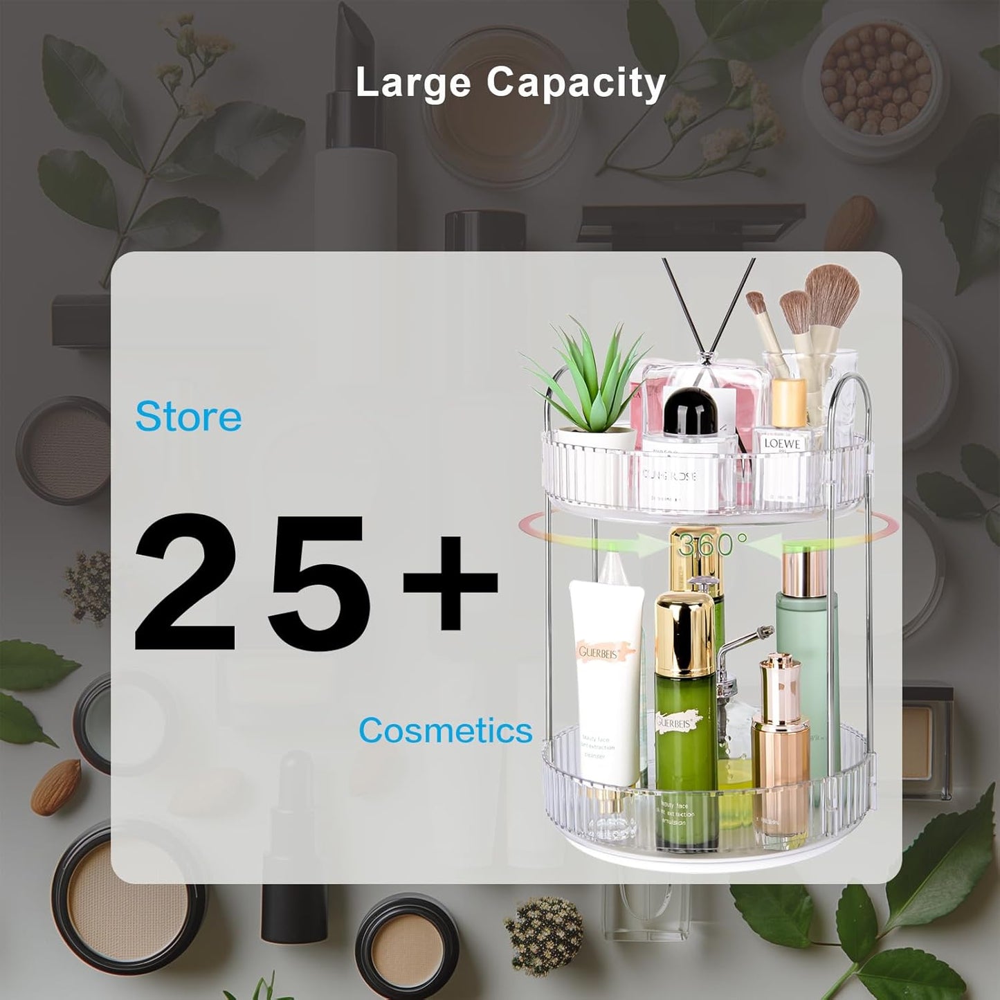 360 Rotating Makeup Organizer, 2 Tier Lazy Susan Bathroom Counter Organizer, Skincare Organizers, Spinning Perfume Organizer & Vanity Organizer Countertop (Silver Clear, 2 Tier)