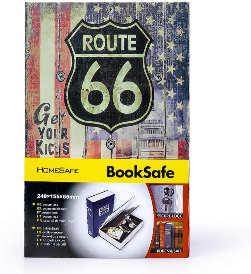 Diversion Book Safe Storage Box (9.5"×6"×2.2"), Dictionary Secret Safe Can with Security Key Lock, Diversion Book Hidden Safe (Route 66 Road-Key)