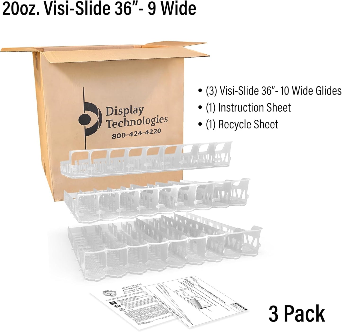 Display Technologies Visi-Slide Gravity Fed Extended Organizer for 20-25oz Beverages on Extended Flat and Angled Shelves in Cold Vaults & Coolers, 9-Wide, 36" Deep Drink Organizer (Pack of 3)