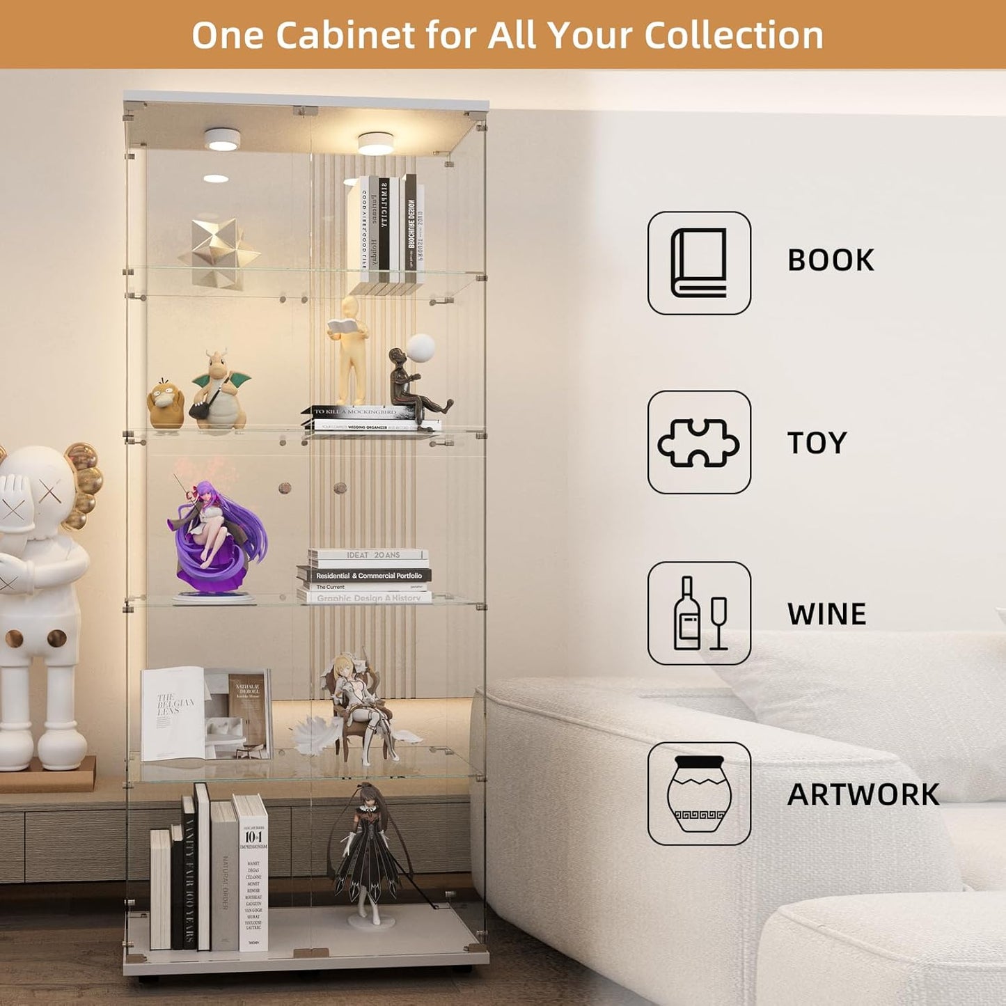 Beauty4U Glass Display Cabinet with Lights, 5 Shelves with 2 Doors, Curio Cabinets for Living Room, Bedroom, Office, White Floor Standing Glass Bookshelf, Quick Installation
