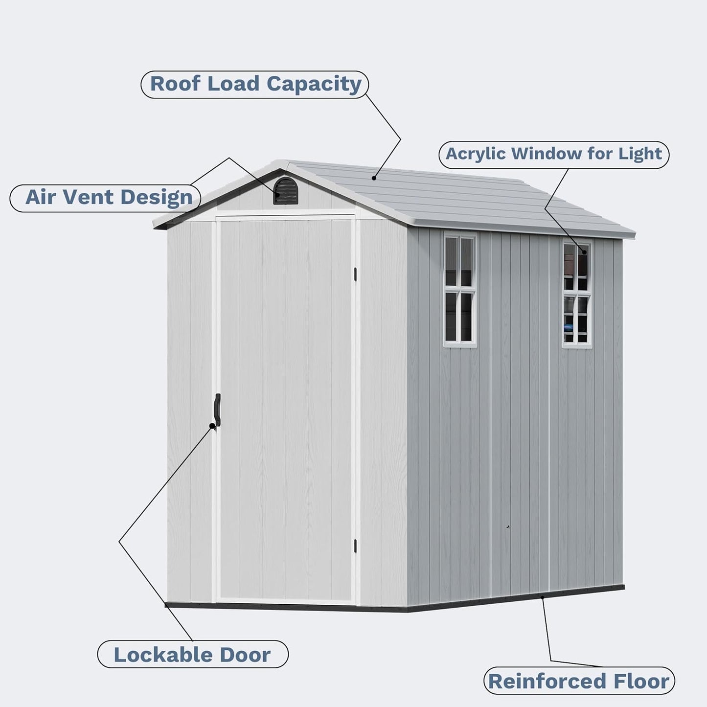 Devoko 4×8 FT Resin Outdoor Storage Shed, Garden Shed with Floor, Lockable Door and Two Windows, Waterproof Outside Plastic shed for Backyard, Bike, Tools, Lawn Mower, Light Grey