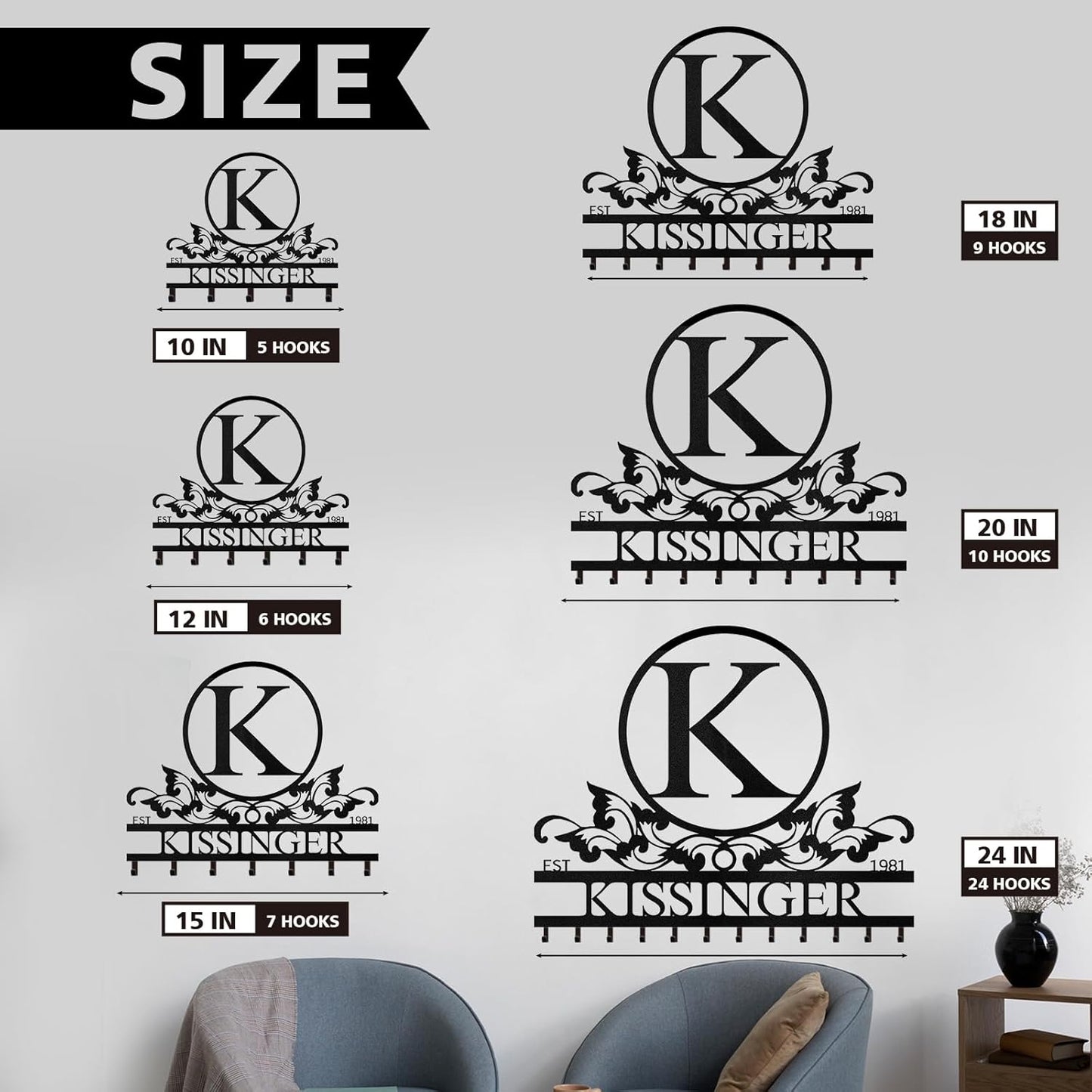 Personalized Key Holder Wall Mount - Custom Family Name Key Holder for Wall, Metal Key Rack Hook Organizer, Coat Rack, Key Hanger Wall Decor for Kitchen, Entryway, Hallway, Bedroom