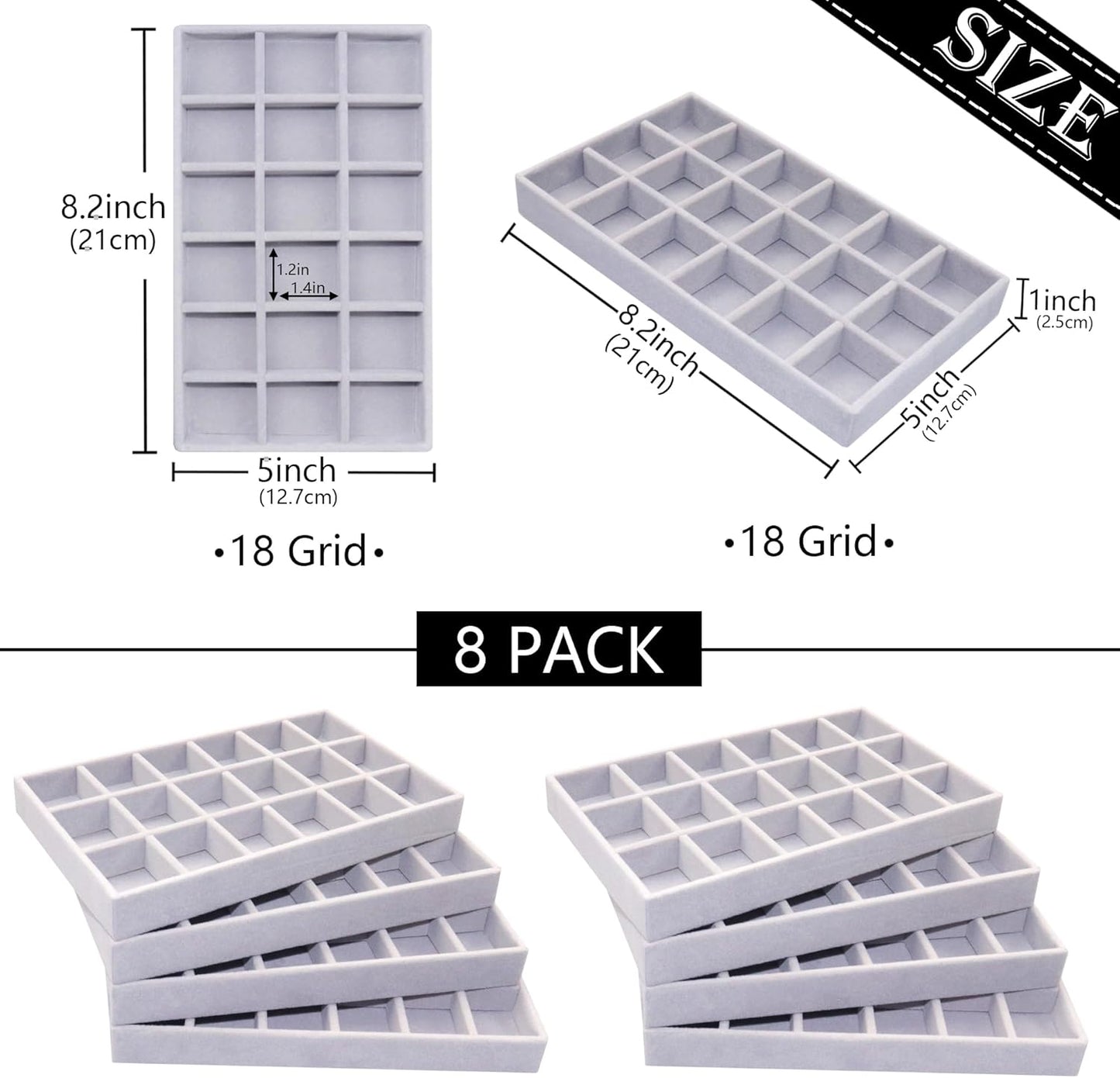 8 Pack Earring Organizer Holder Velvet Jewelry Tray for Drawer Stackable Jewelryy Organizer Divided Display Tray for Earring 18 Grids