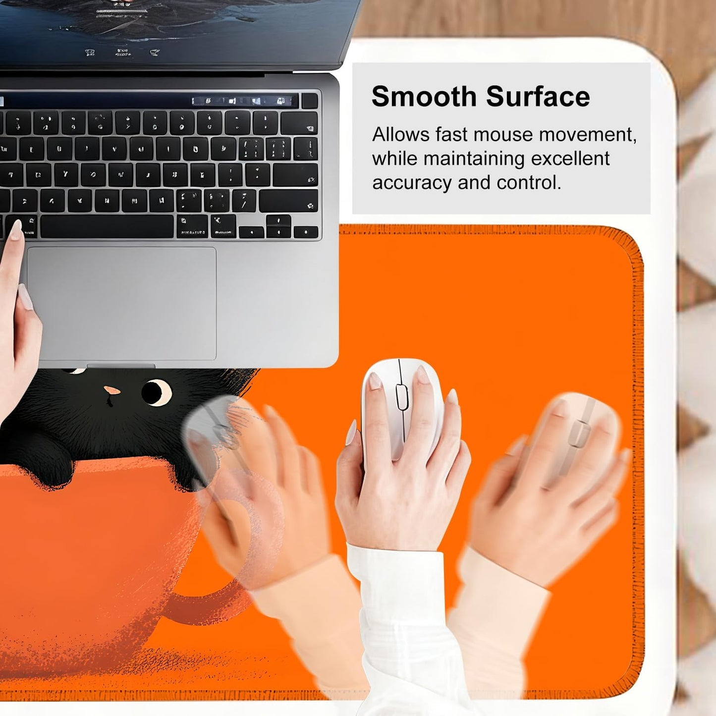 Large Cute Black Cat Mouse Pad, Extended Desk Mat with Non-Slip Base – 31.5 x 11.8 in – Cartoon Kittens in Orange Cup Design, Stitched Edges, Waterproof Gaming Keyboard Pad for Office & Home