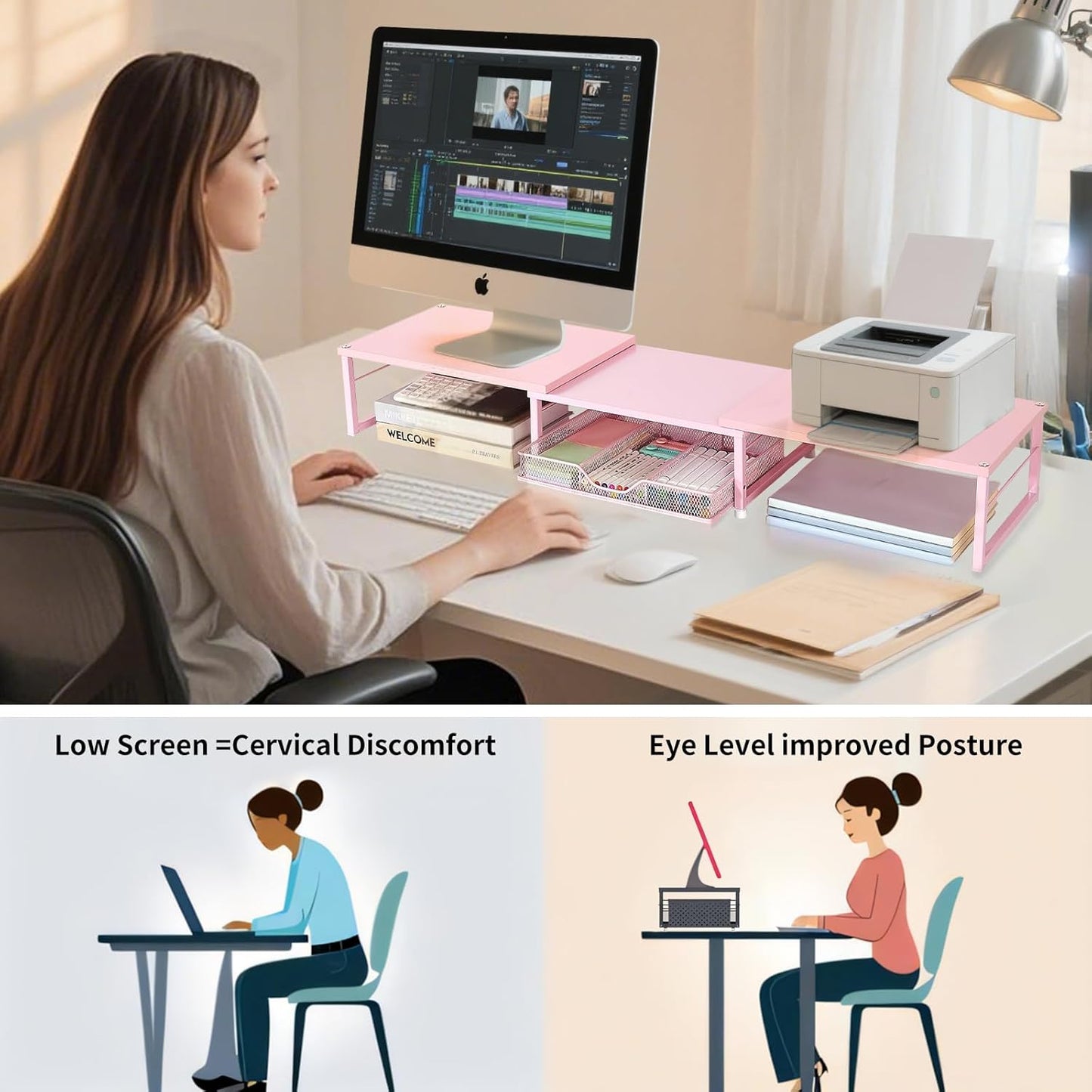 OPNICE Dual Monitor Stand Riser, Desk Organizer with Drawer, Office Desk Organizers and Accessories, Office Workspace Organization Computer Monitor Stand for Laptop, Printer, TV(Pink)