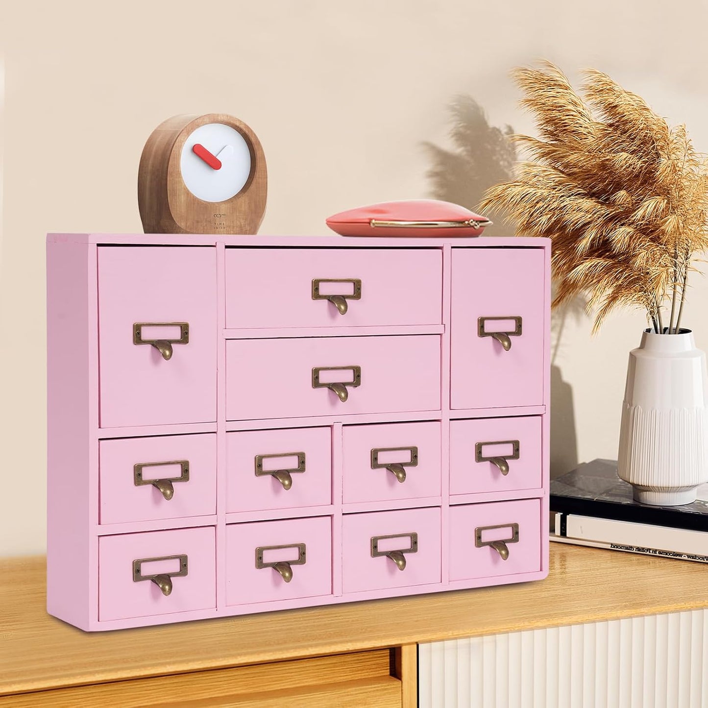12-Drawer Wooden Storage Cabinet Organizer, Apothecary Cabinet Vintage Library Card Catalog Cabinets for Countertop Apothecary Tea Coffee Pod Storage (Pink)