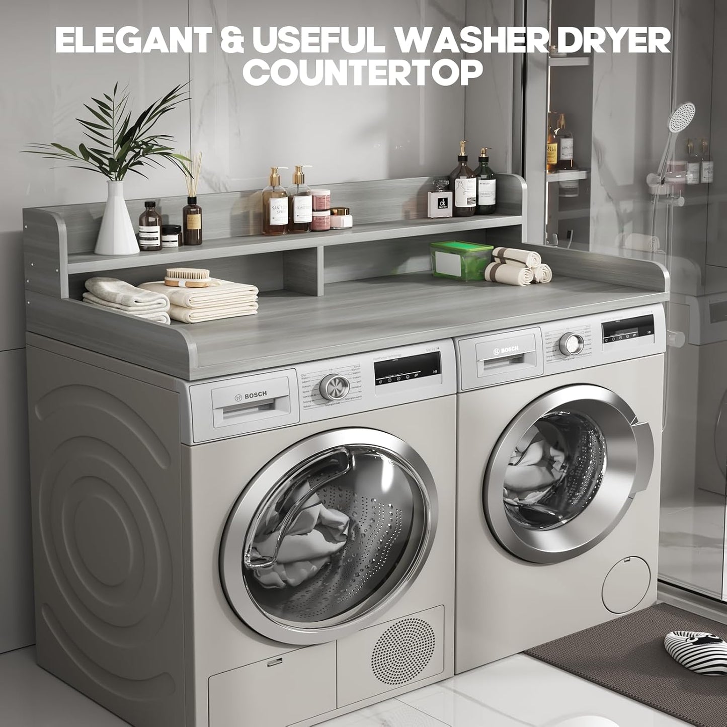 2-Tier Washer and Dryer Countertop with 2.75" H Guard,58" W x 28" D Laundry Countertop Cover with Non-Slip Pad,Large Space Laundry Topper for Folding Clothes Over Washer and Dryer-Stripe Gray