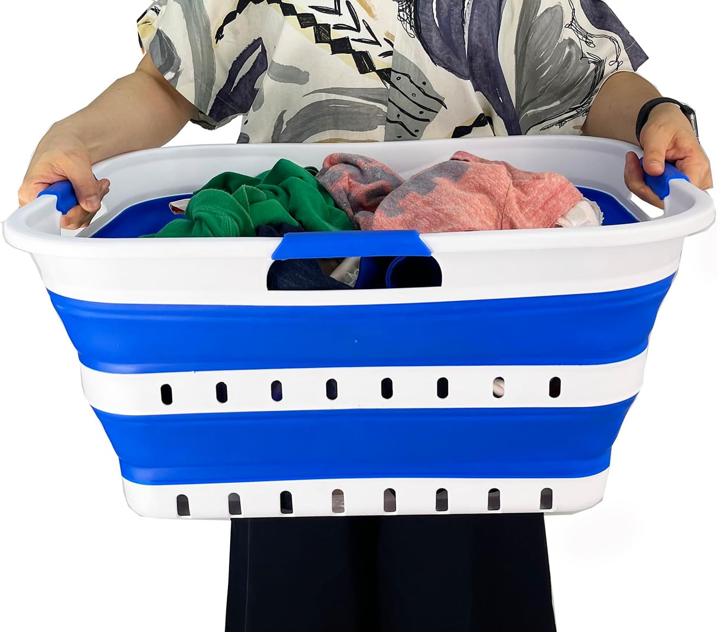 SAMMART 42L (11 gallon) Collapsible Plastic Laundry Basket - Foldable Pop Up Storage Container/Organizer - Space Saving Hamper/Basket (1, White/Dark Blue)