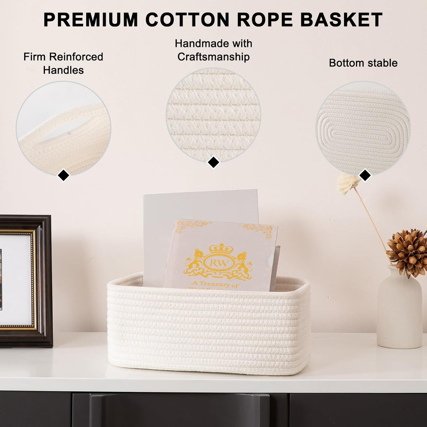 4 Pack Small Storage Shelf Baskets for Organizing, Mini Woven Rope Storage Bins for Towels, Cute Decorative Closet Organizer,Baby Nursery, Gift Empty Baskets -11.81''Lx7.87''Wx4.72''H-White