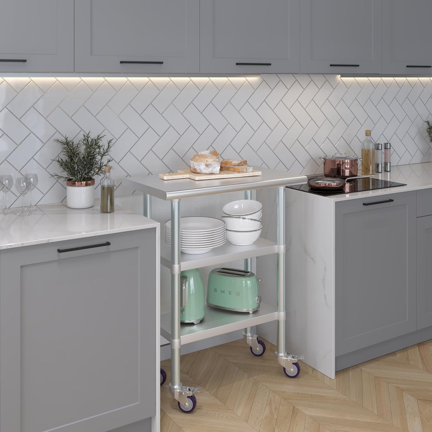 AmGood Stainless Steel Work Table with 2 Shelves and Casters | Metal Utility Table On Wheels (Stainless Steel Work Table with 2 Shelves + Casters, 30" Long x 18" Deep)