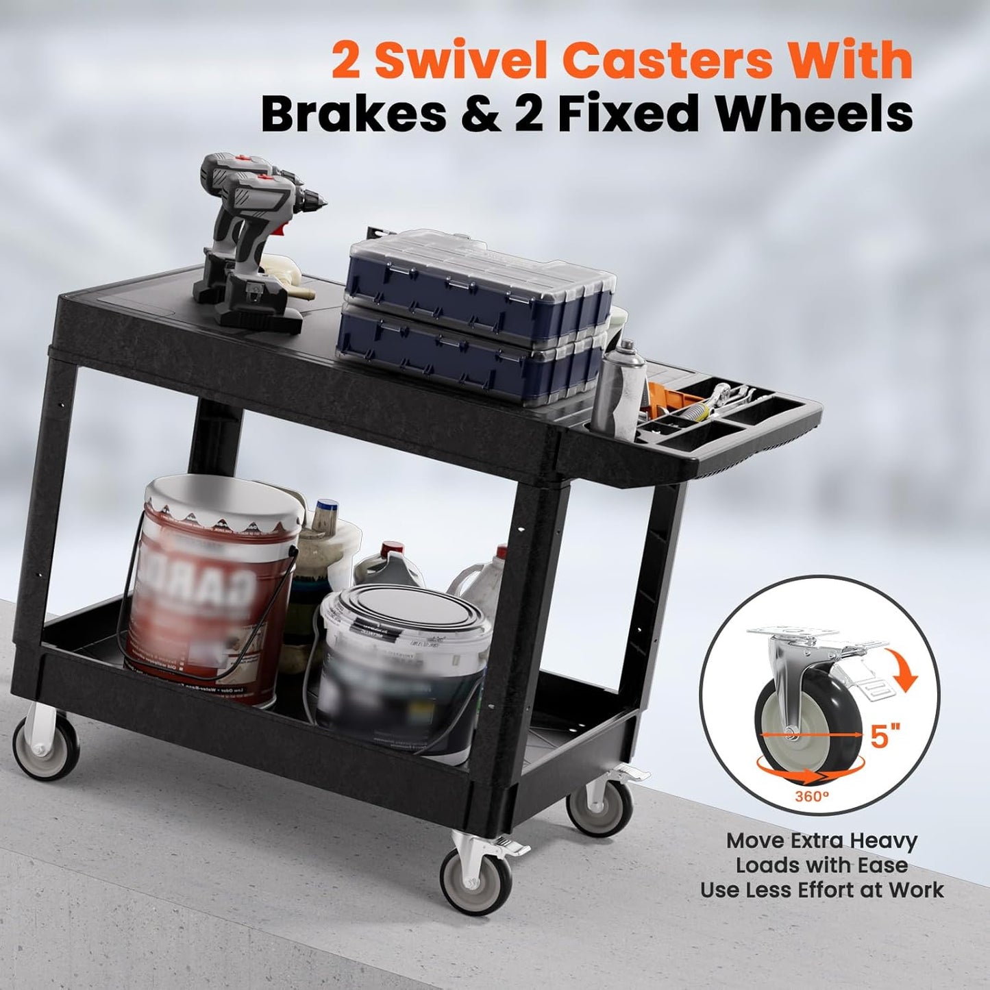 2 Tier Plastic Rolling Utility Cart on Wheels, Heavy Duty Tool Cart with Deep Shelves and 360° Swivel Wheels Holds up to 550 lbs, Service Cart for Garage, Warehouse, Cleaning (Black-L-Flat Top)