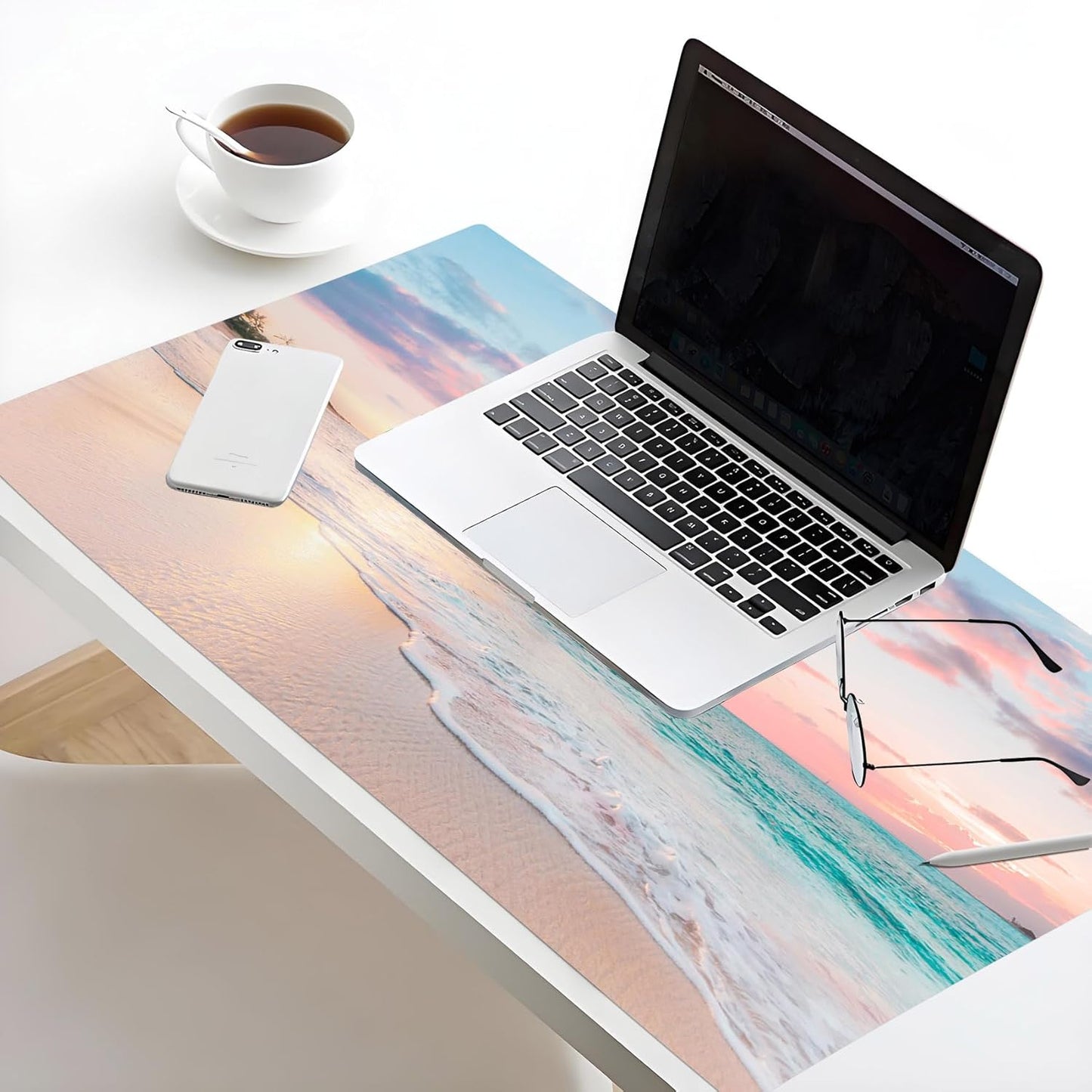 LB Coastal Beach Sunset Mouse Pad Nature Teal Ocean Large Mouse Pad for Desk Modern Aesthetic Extended Desk Pad Non-Slip Rubber Base Computer Mouse Mat for Home Office Gaming 15.7L X 31.5W Inch