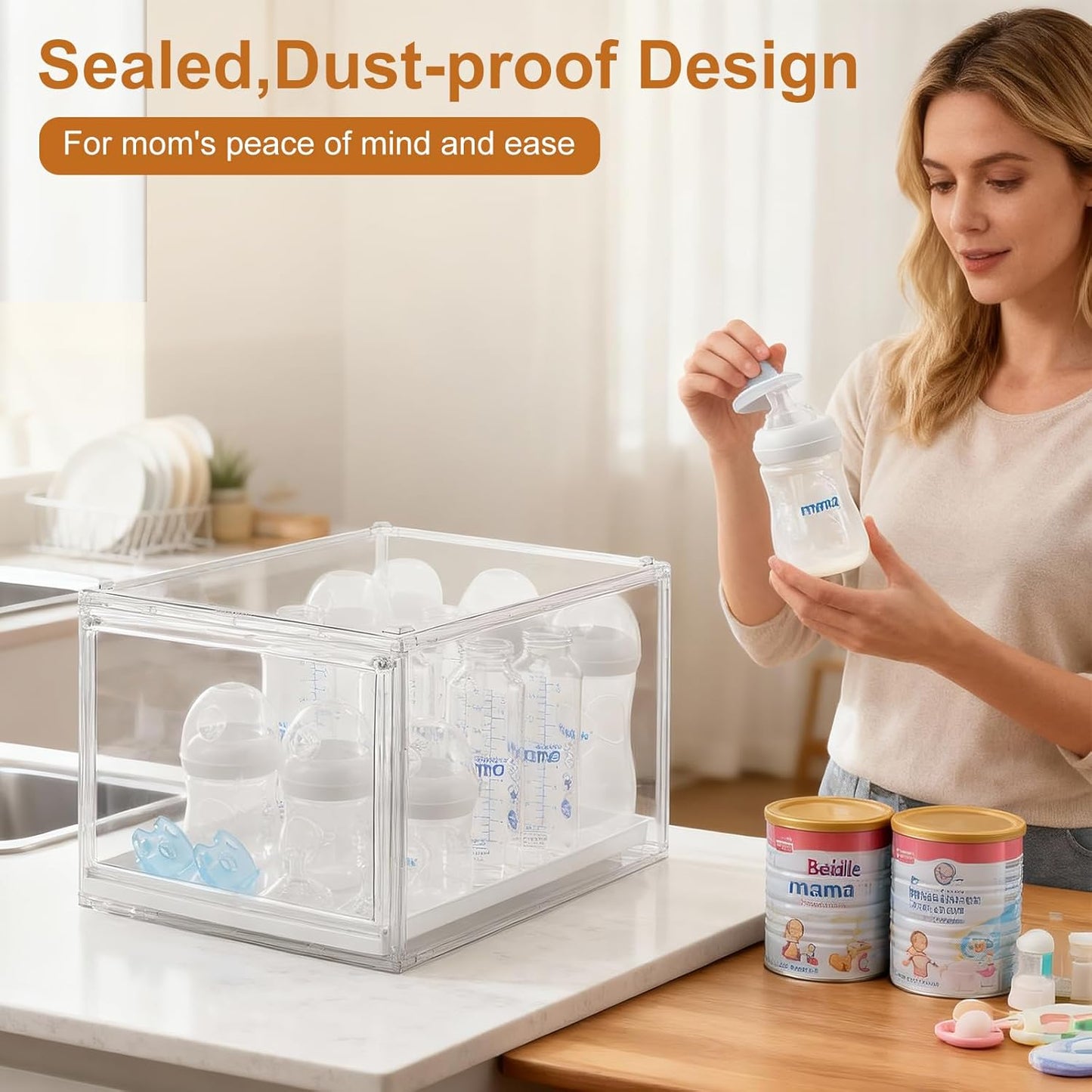 Baby Bottle Organizer, Clear Stackable Acrylic Storage for Countertop Cabinet, Baby Bottle Station Organizer with drawer for Pacifiers, Pump Parts