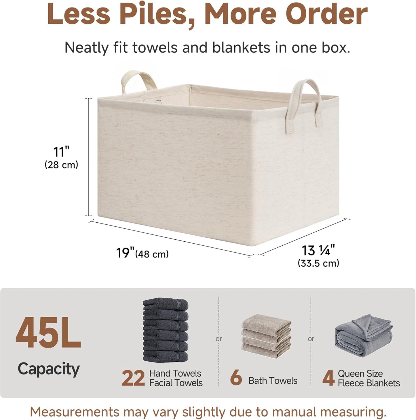 StorageWorks Storage Bins, Shelves Baskets for Organizing, 45L Extra Large Fabric Closet Organizers with Handles, Metal Frame, Beige(Cotton-linen), 2-Pack