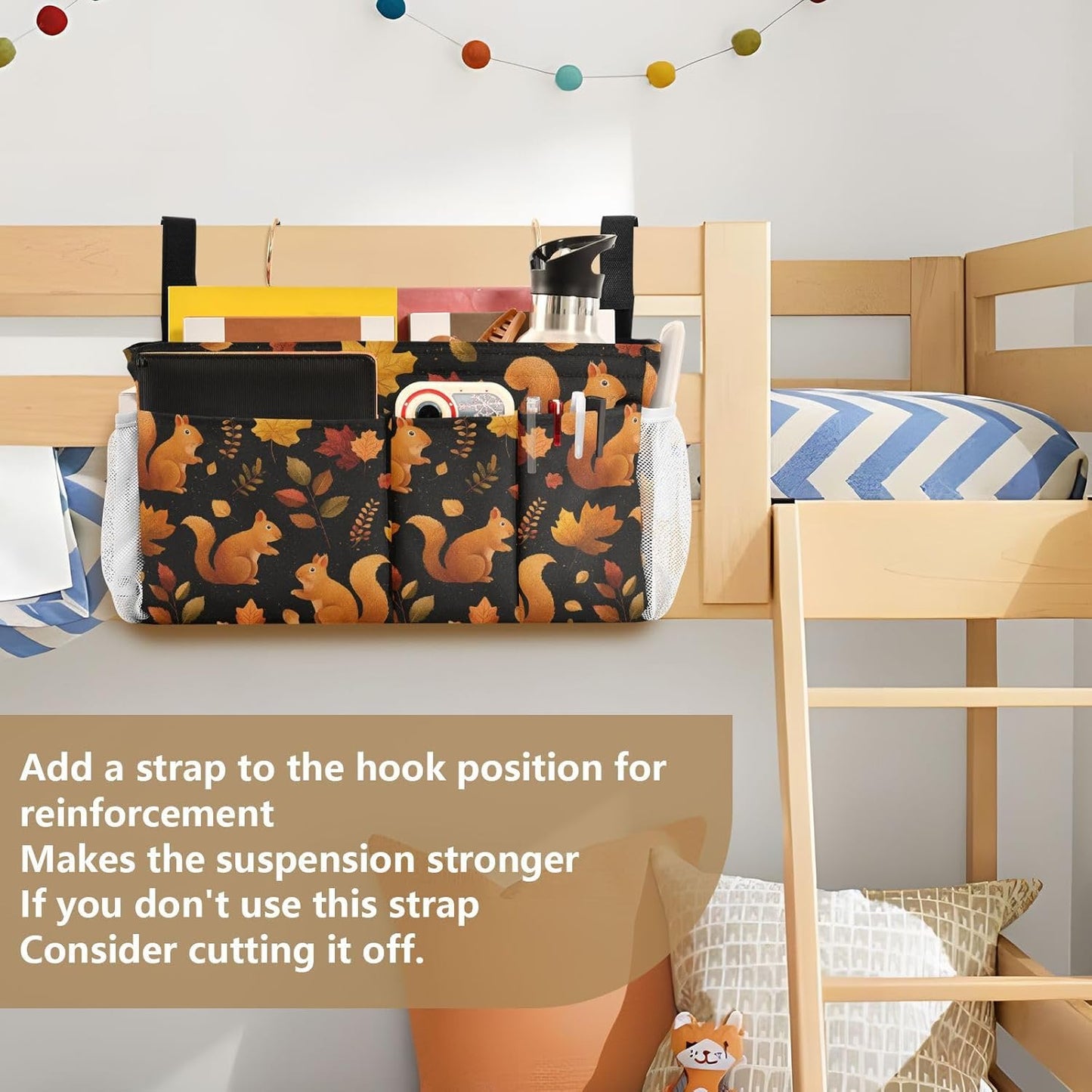 Black Orange Squirrel Leaves Falling Bedside Caddy for Dorm Bed Bedside Hanging Caddy Bag Iron Frame Storage Organizer Pocket for Bunk Home College Hospital Beds 2 Hooks