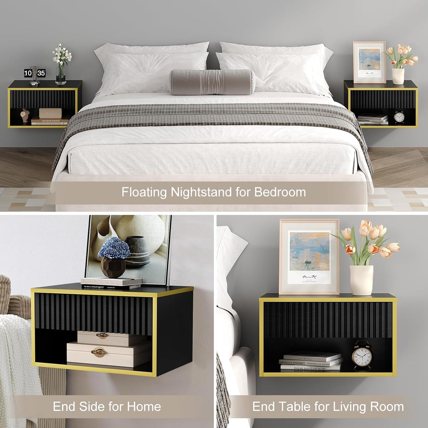 4ever2buy Floating Nightstand Set of 2, Modern Wall Mounted Nightstand with Open Shelf and Fluted Drawer, Black and Gold Night Stand for Bedroom, (Black, 2)