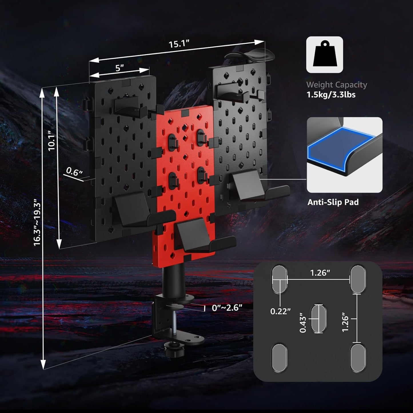 PEGZONE Modular Headphone and Controller Holder for Game, Clamp-on Pegboard, Rotatable Controller Stand with Cable Hooks, Gaming Accessory for Xbox PS5 PS4 Nintendo Switch, 3Pcs Pegboard, Red