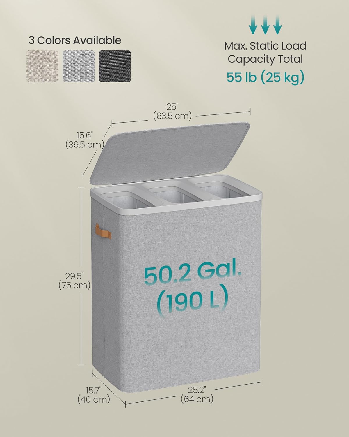 SONGMICS Laundry Basket, 50.2 Gal. Laundry Hamper, 3 Compartments, Easy Assembly, with Lid and Handles, Removable Liners, 25.2 x 15.7 x 29.5 Inches, Dove Gray ULCB814GD01