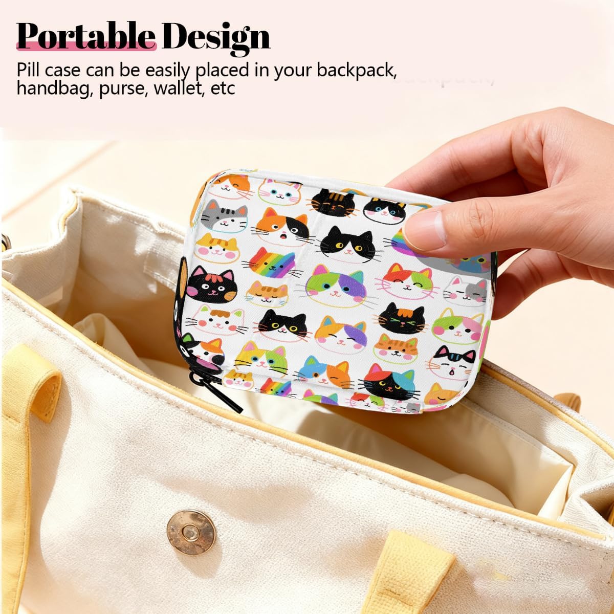 Colorful Hand Drawn Cat Pill Organizer Travel Medicine Case with Zipper Daily Vitamin Storage Bag Portable 8 Slot Weekly Pill Box Supplement Holder for Home Office Gym Travel