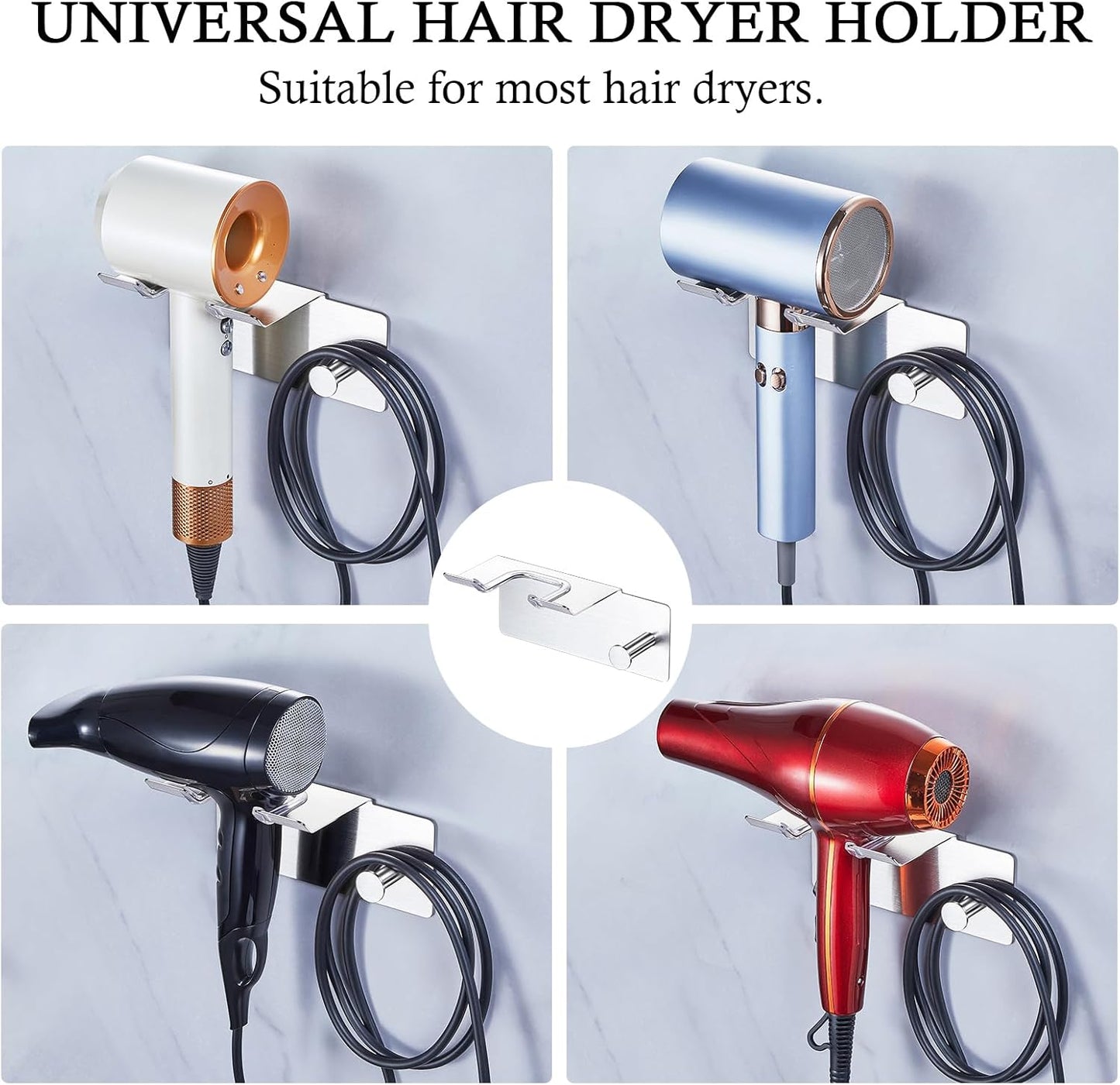 Hair Dryer Holder Wall Mount, Blow Dryer Holder for Wall, Adhesive Hairdryer Holder, Stainless Steel Blowdryer Holder, Bathroom Hair Tool Organizer, Hair Dryer Hanger Hook with Cord Storage (Silver)