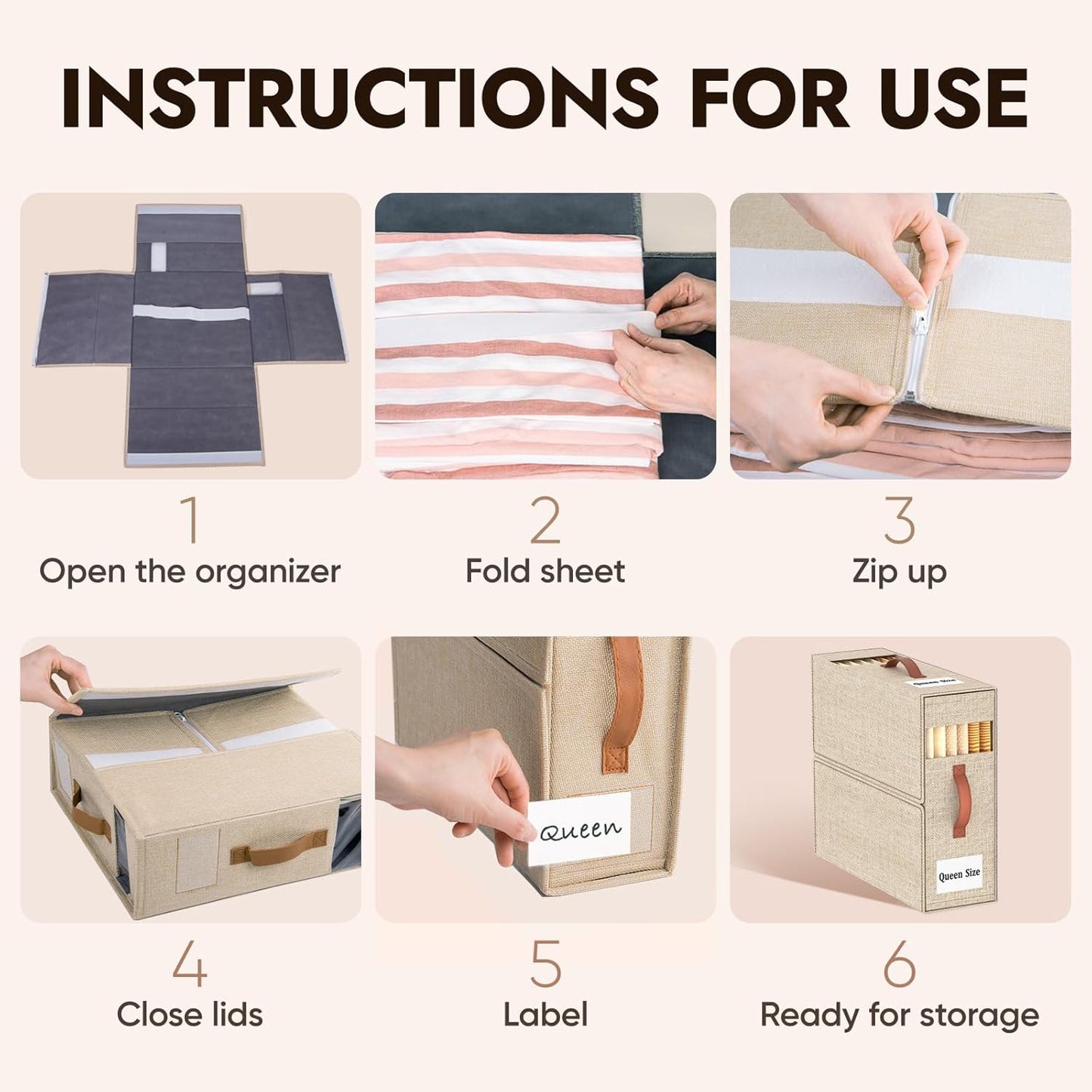 6 Pack Bed Sheet Organizers and Storage(King &Queen Size) with an Elastic Strap, Foldable Closet Linen Sheet Storage Container, Sheet Set Box for Blanket, Duvet Cover and Pillowcase, Beige