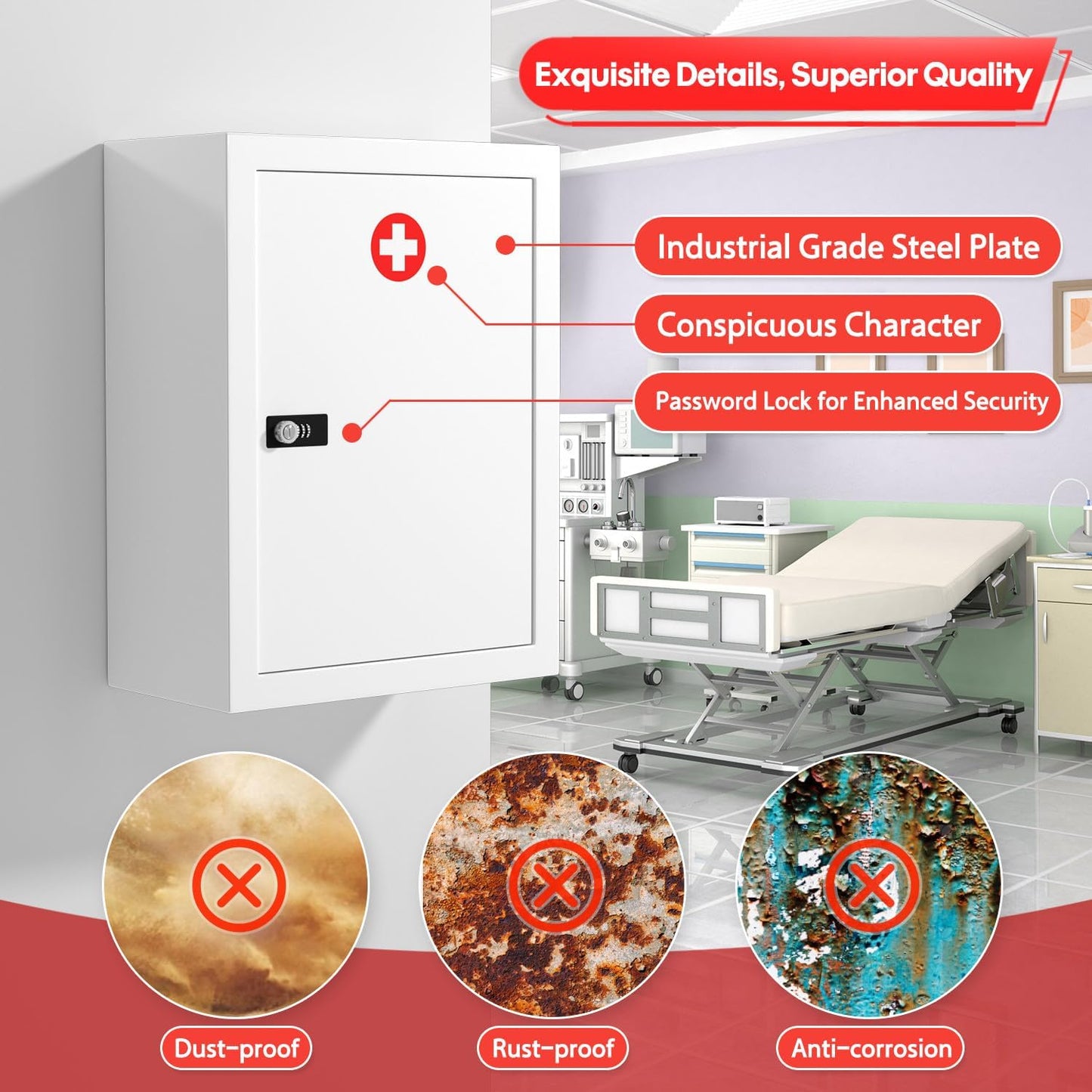 Wall-Mount Locking Medicine Cabinet: Large Metal Storage Organizer Box with Combination & Key Lock - First Aid Medicine Cabinet 3-Compartment Design for Bathroom Home (15.75" H x 11.82" W x 4.72" D)