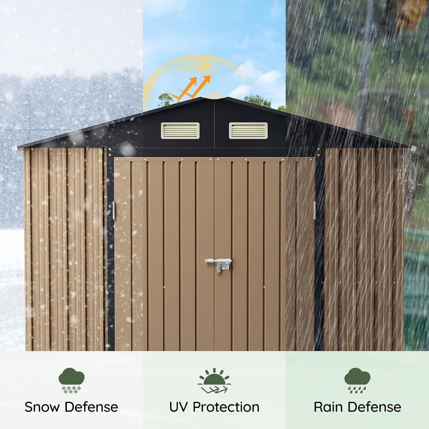 6x8FT Outdoor Metal Storage Shed with Floor Frame,Double Door, 1 Clear Window, Tool Shed for Garden, Patio, Backyard Brown