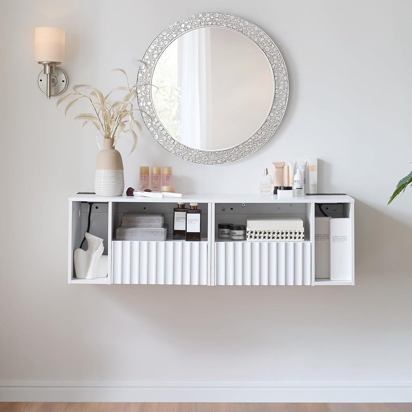 Modern Matte White Fluted Floating Nightstand with Charging Station, NightStand with Drawers, Bedside with USB Ports and Outlets, Bedroom Furniture (Set of 2)