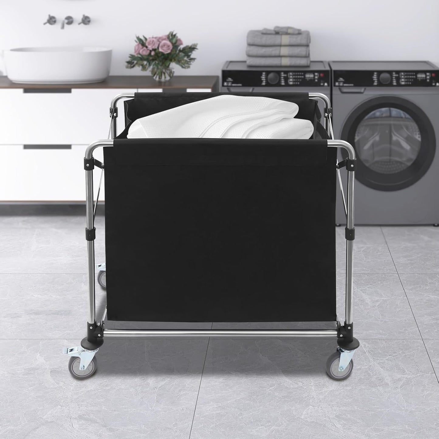 Commercial Laundry Cart with Wheels,Folding Laundry Hamper Cart,Heavy Duty Rolling Laundry Basket with Large Capacity,Laundry Sorter Trolley for Home Hotel Apartment (Black, 35.43 * 23.62 * 34.65in)