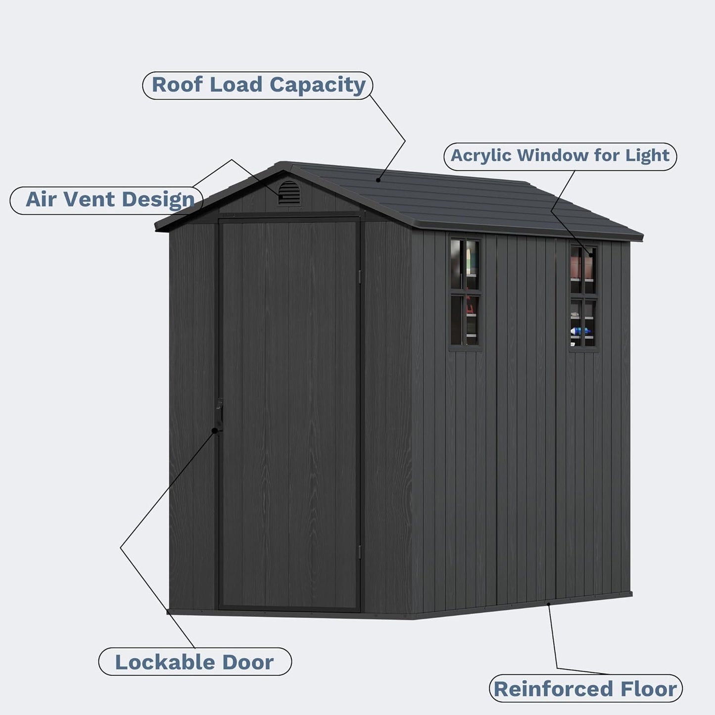 Devoko 4×8 FT Resin Outdoor Storage Shed, Garden Shed with Floor, Lockable Door and Two Windows, Waterproof Outside Plastic shed for Backyard Bike, Tools, Lawn Mower, Dark Grey