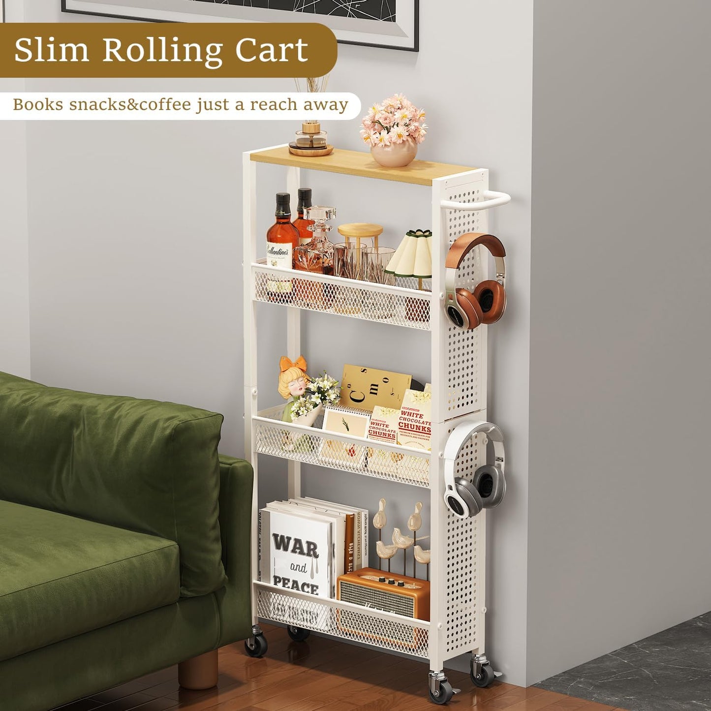 Utility Slim Storage Cart 4 Tier Small Rolling Kitchen Laundry Room Organization Cart with Wood Top Metal Narrow Bathroom Cart Cabinet Narrow Storage Cabinet Trolley with Handle for Small Space