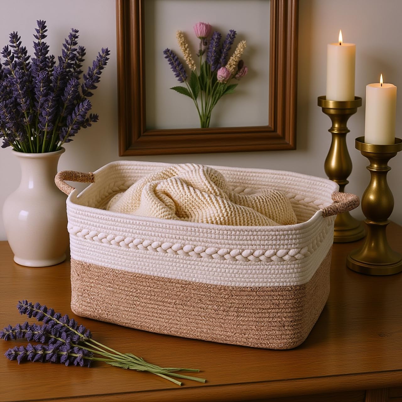 Decorative laundry basket with handles woven from natural cotton rope storage blankets for living room cute boho quilted gift baskets for clothes pillows toys 20"x14"x10",white/brown