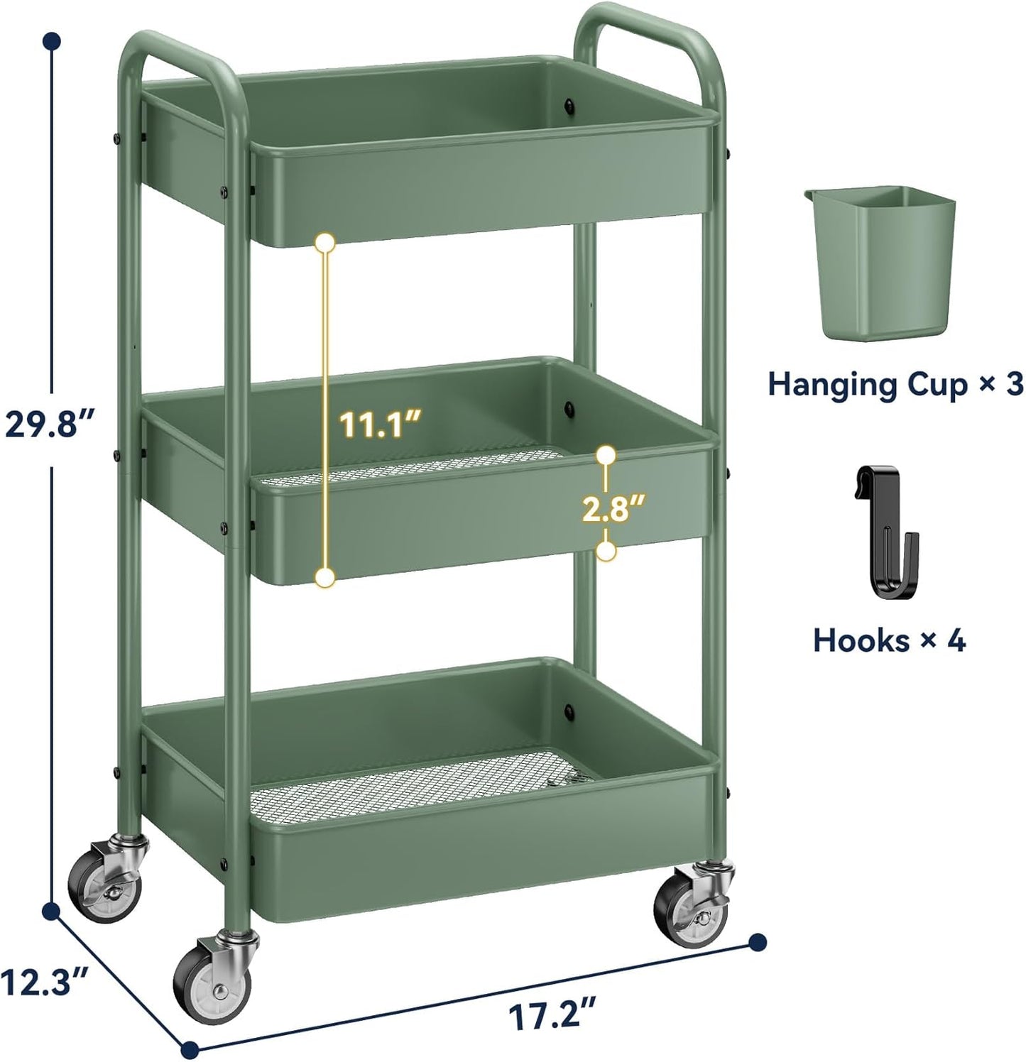 YASONIC 3-Tier Rolling Cart, Green, 66 Pounds Capacity, Mesh Storage Organizer with Lockable Wheels, 3 Hanging Cups, 4 Hooks, Easy Assembly, for Kitchen, Bathroom, Laundry, Grocery
