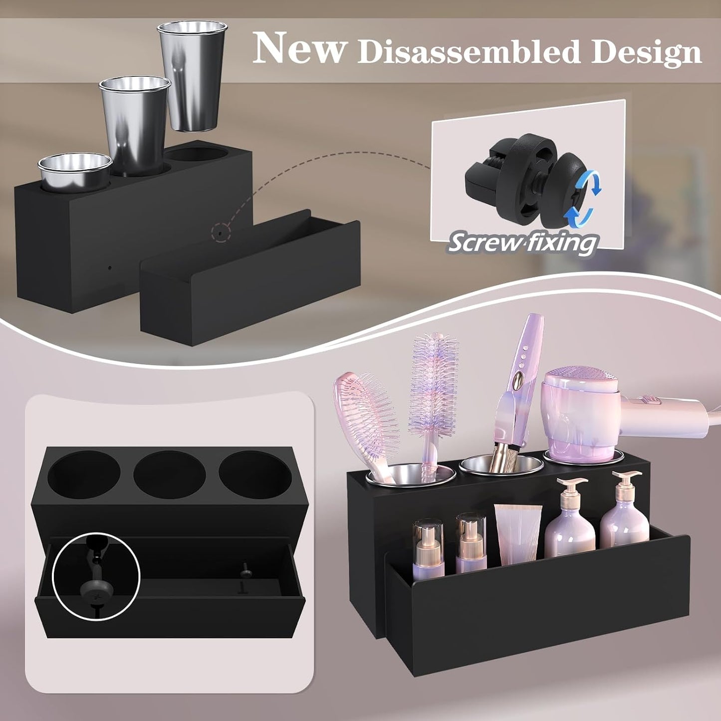Hair Tool Organizer, Detachable Acrylic Hair Dryer Holder for Bathroom, Hair Styling Accessories Curling Iron Hot Tools Organizer with 3 Cups, Countertop Vanity Storage (Matte Black)