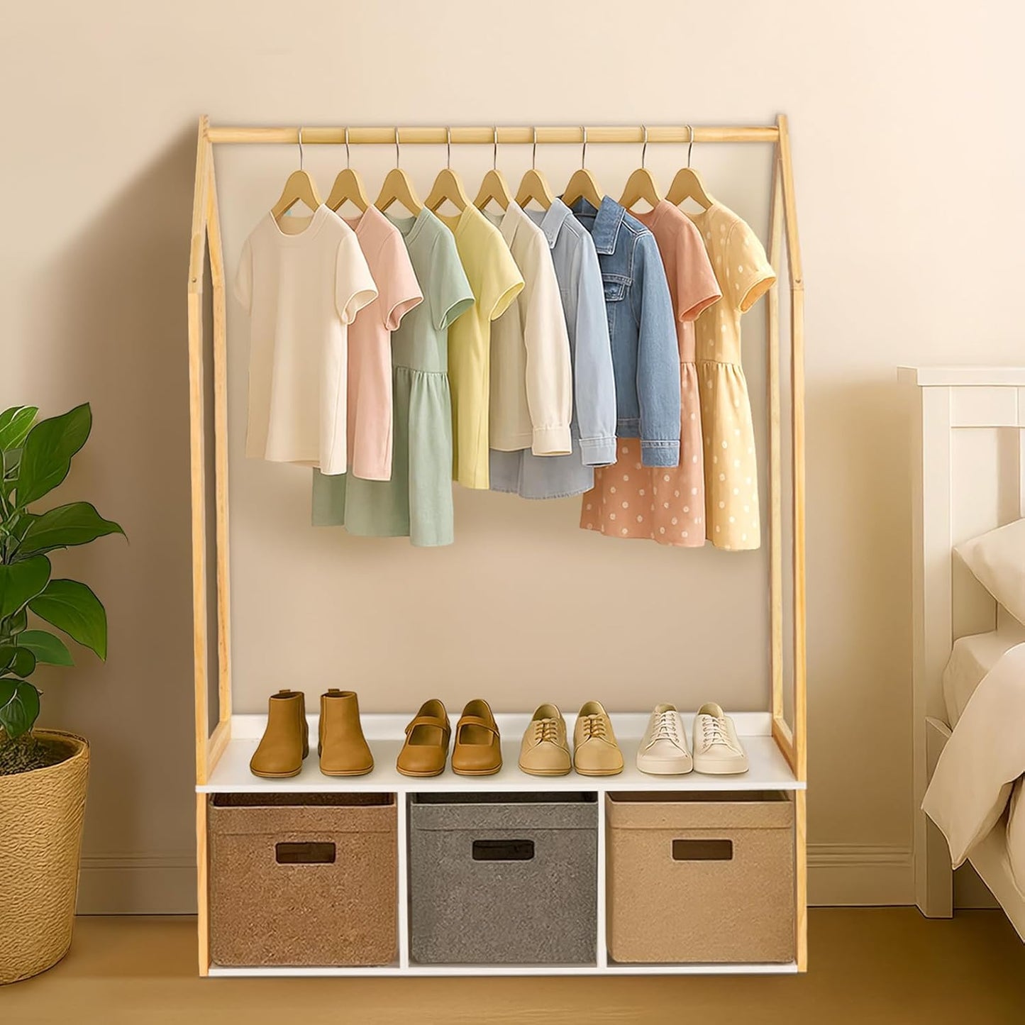 Wood Clothes Rack with Storage, Freestanding Clothing Racks for Hanging Clothes Garment Rack for Bedroom, Entryway, Living Room