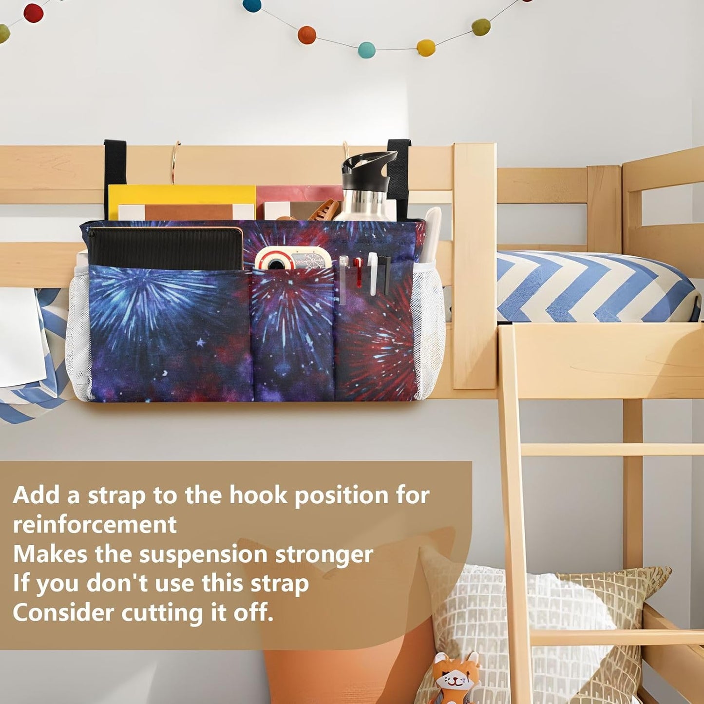 American Tie Dye Stars and Fireworks Bedside Caddy for Dorm Bed Bedside Hanging Caddy Bag Iron Frame Storage Organizer Pocket for Bunk Home College Hospital Beds 2 Hooks