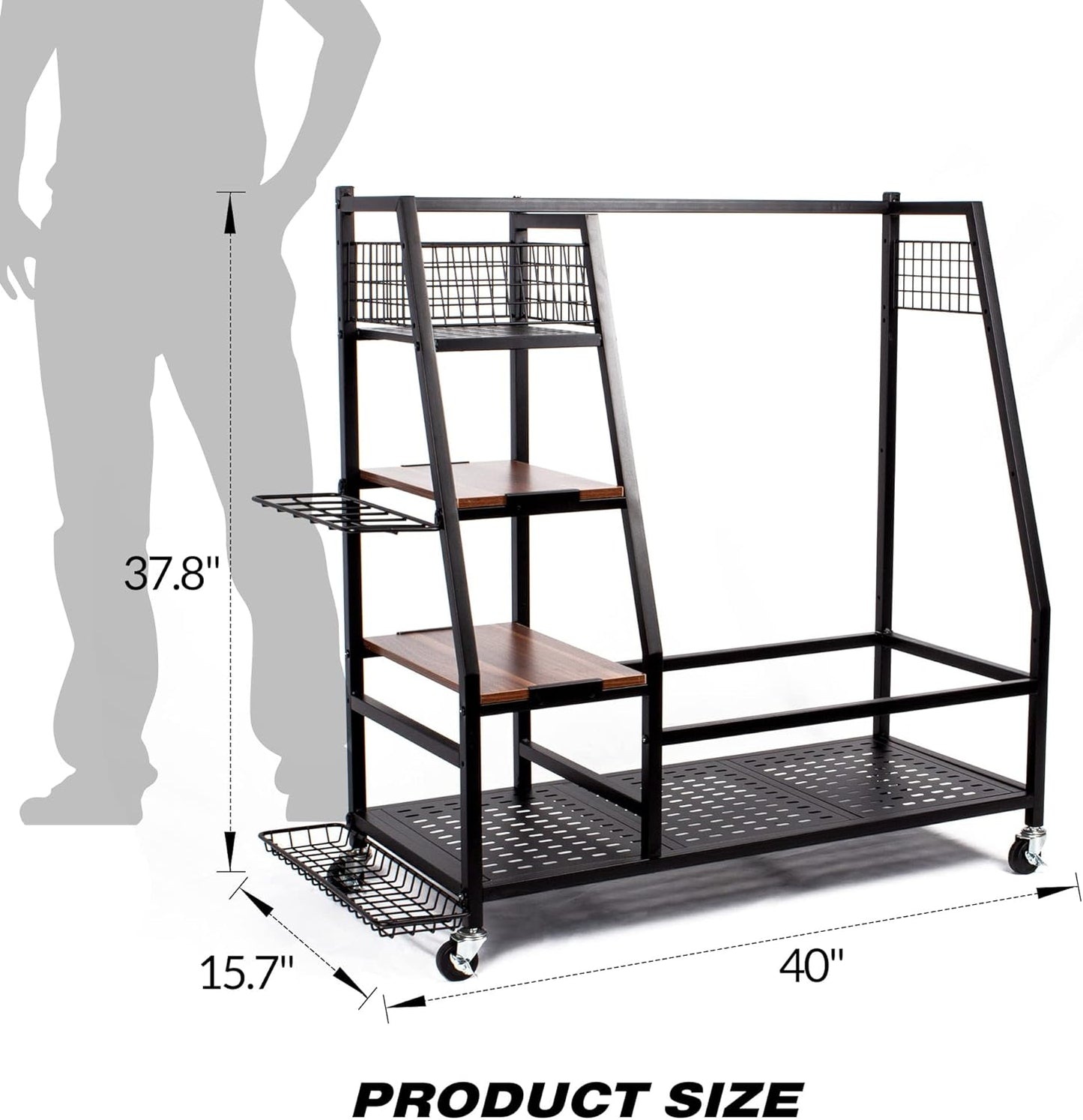 Golf Bags Storage Garage Organizer, Golf Bag Rack Fits 2/3 Golf Bags and Golf Equipment Accessories, Golf Club Storage Stand with Wooden Shelf and Lockable Wheels for Garage Indoor Basement