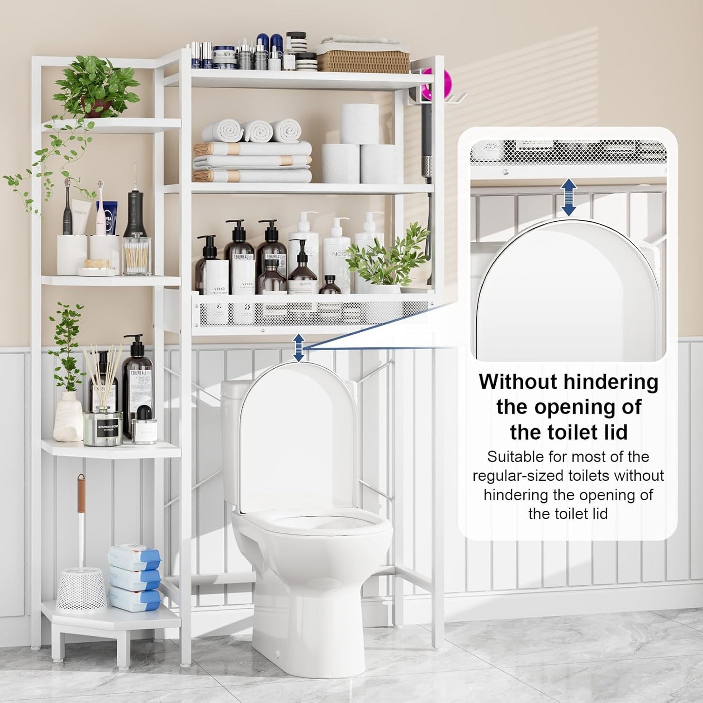 K1 Heavy Duty 7-Tier Over The Toilet Storage(With Basket and Paper Hook)Freestanding Above Toilet Shelf with Adjustable Feet,Space Saver Bathroom Shelves 9.3"D x 33.5"W x 63.8"H,Beige White