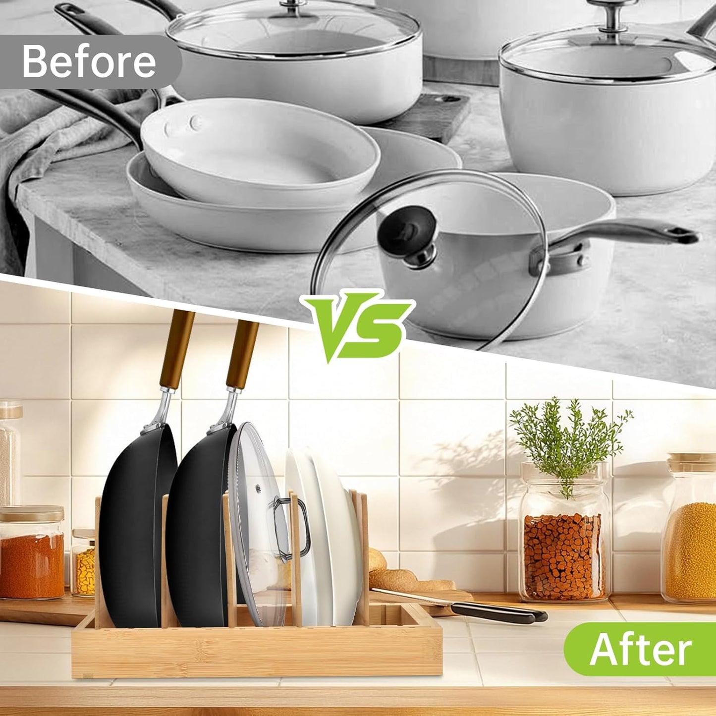 Pots and Pans Organizer under Cabinet - Bamboo Expandable Pot Lid Organizer, Adjustable Bakeware and Cutting Board Organizers, Pot Lid Holder Rack for Kitchen Organizers and Storage