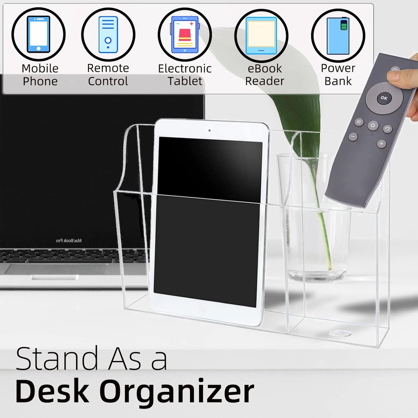Clear Wall Tablet Holder Acrylic Wall Mounted Phone Holder for iPad, Remote Control Holder Laptop Stand for eReader Storage Caddy with Charging Holes for Kindle iPhone