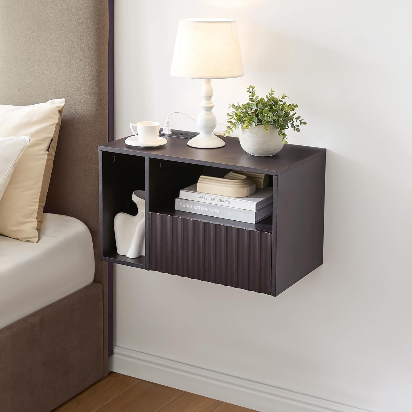 Modern Espresso Fluted Floating Nightstand with Charging Station, NightStand with Drawers, Bedside with USB Ports and Outlets, Bedroom Furniture (Left)