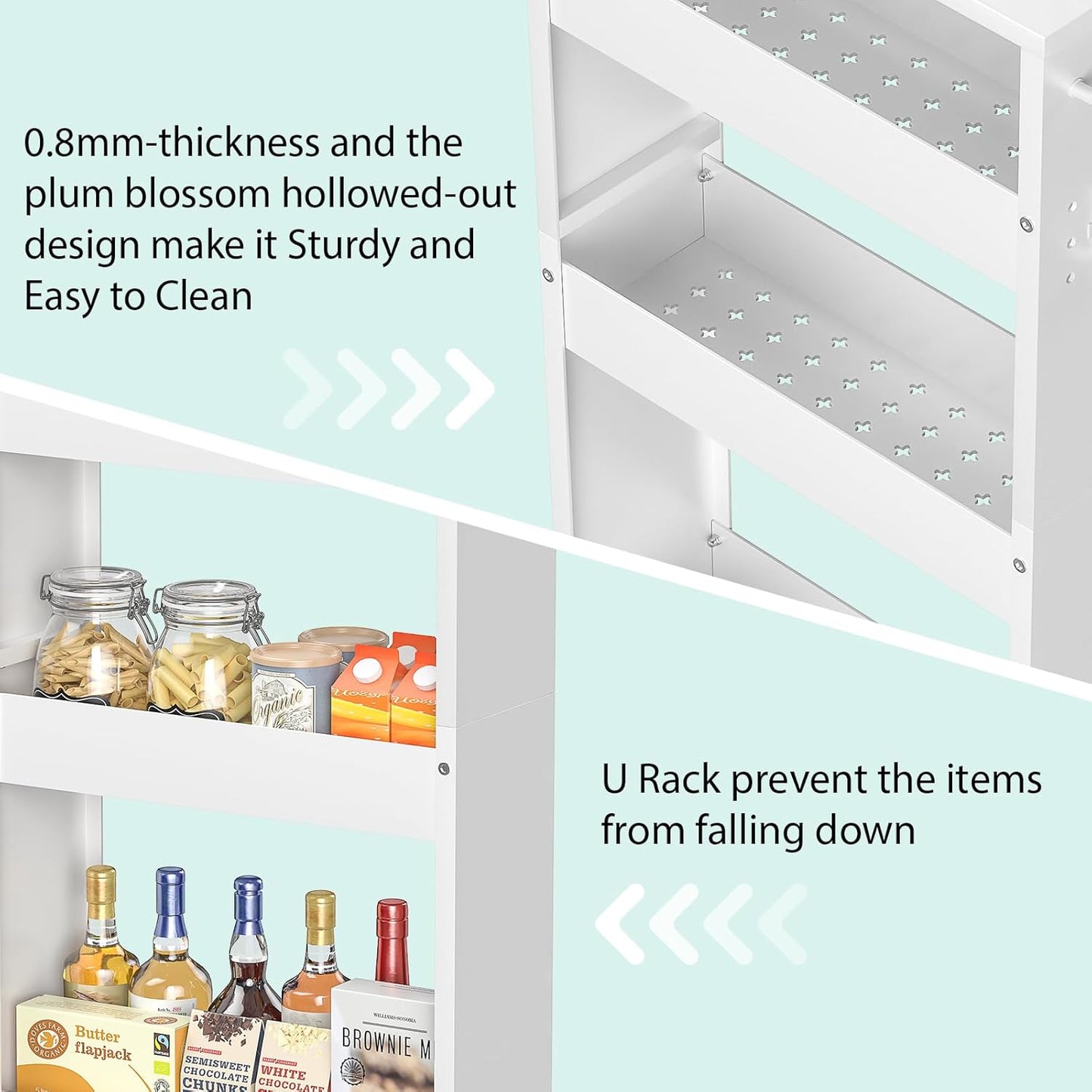 Slim Storage Cart, 4-Tier Kitchen Rolling Cart Narrow Storage Cabinet with Handle & Wheels, Metal Rolling Shelf Unit for Kitchen Bathroom Laundry Small Places (5.9IN White/White)