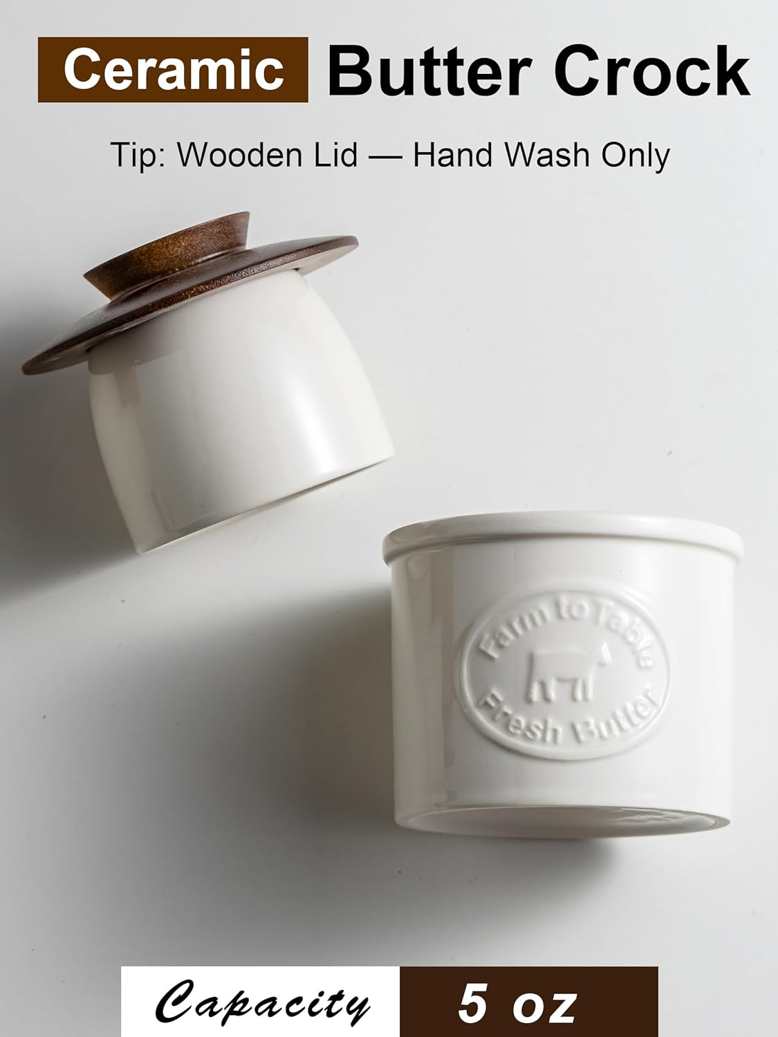 Butter Crock, Ceramic Butter Dish with Lid for Countertop, French Butter Keeper, Farmhouse Cow Pattern, White