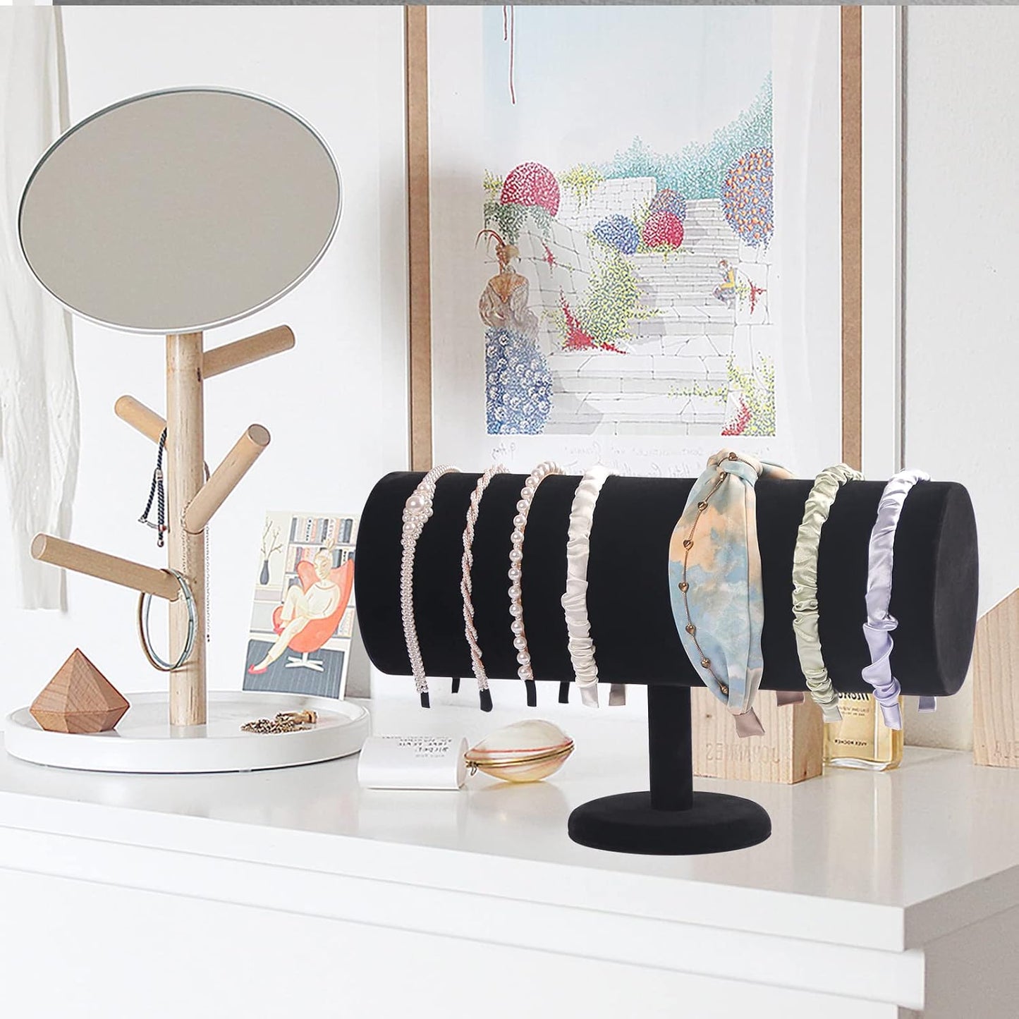 Coward T-Bar Beige Headband Holder Organizer,Hairband Display Stand,Hairband Storage Rack for Girls And Women (detachable black velvet)