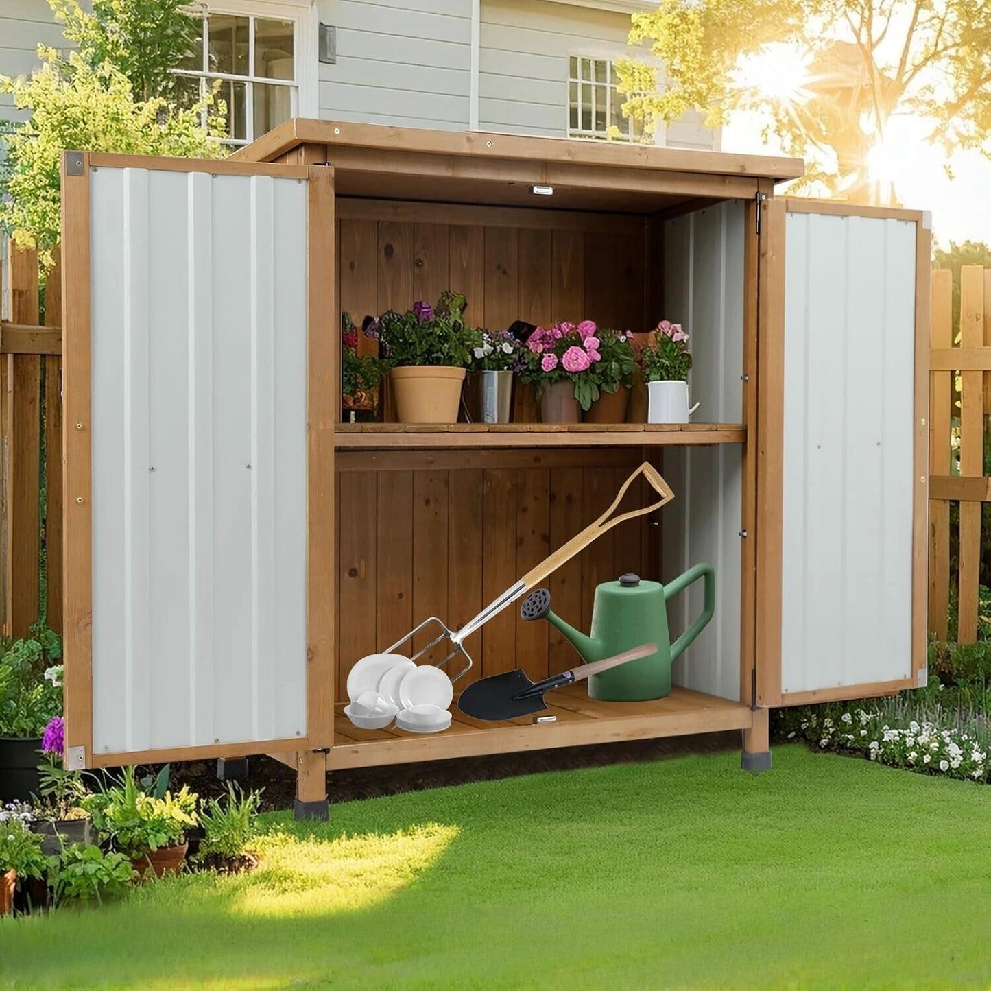 Outdoor Storage Cabinet, Small Wood & Metal Storage Shed with Lockable Doors & Adjustable Shelves, Vertical Outdoor Cabinets for Patio Backyard,Garden Tool Shed and Accessories, Brown