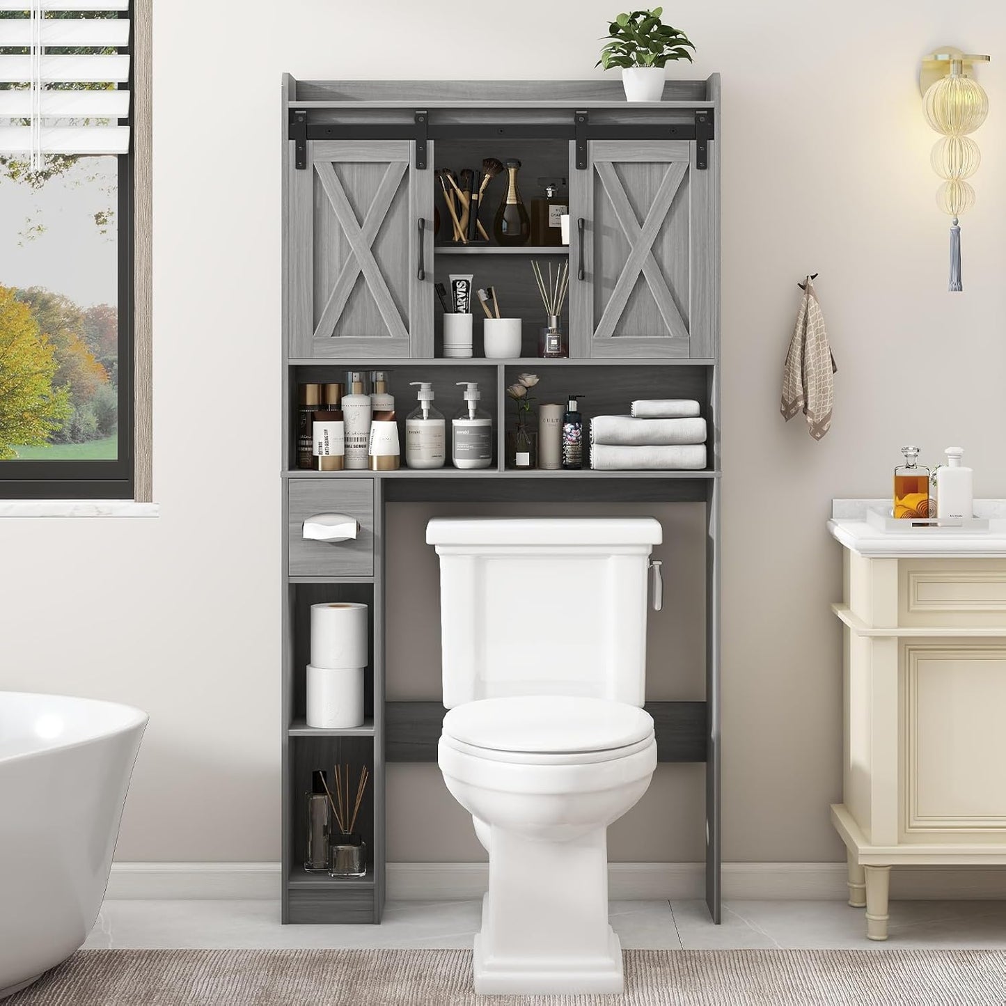 Farmhouse Over The Toilet Storage Cabinet with Sliding Door & Toilet Paper Holder Stand, Space-Saving for Bathroom & Restroom, Wash Grey