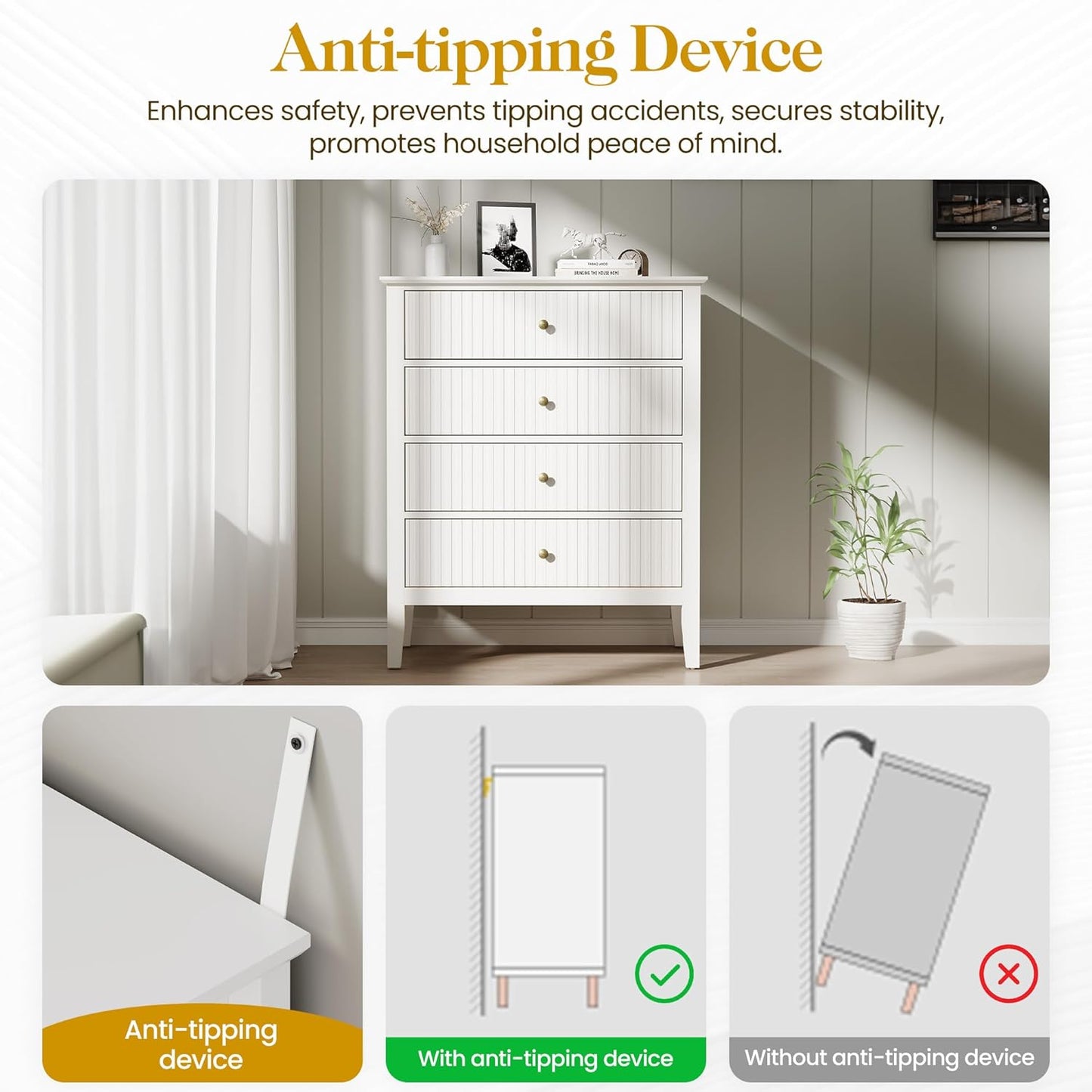RoyalCraft White Fluted 4 Drawer Dresser for Bedroom, Modern Chest of Drawers, Wood Dresser for Storage Clothes, Wooden Storage Cabinet Nightstand for Bedroom, Hallway, Living Room, Entryway
